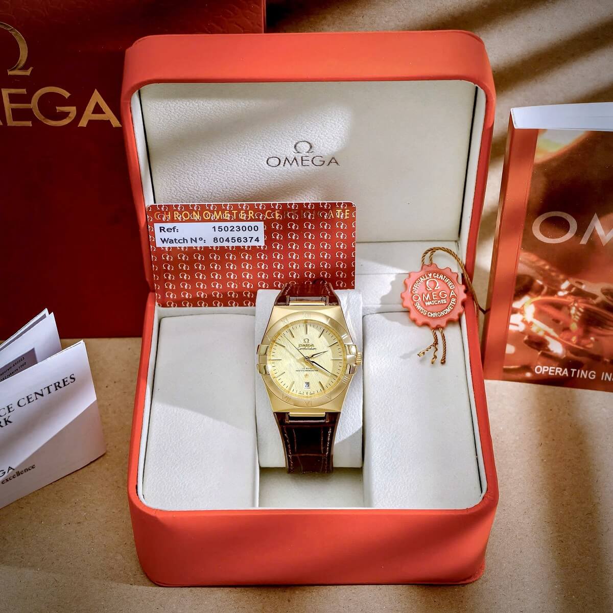 Đồng Hồ Nam Omega ConstellationTự Động Dây Cao Su Bọc Da Nâu Vỏ Vàng Size 40mm