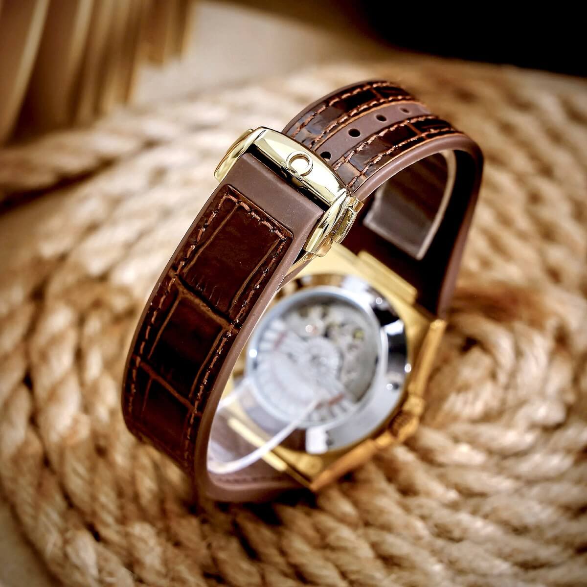 Đồng Hồ Nam Omega ConstellationTự Động Dây Cao Su Bọc Da Nâu Vỏ Vàng Size 40mm