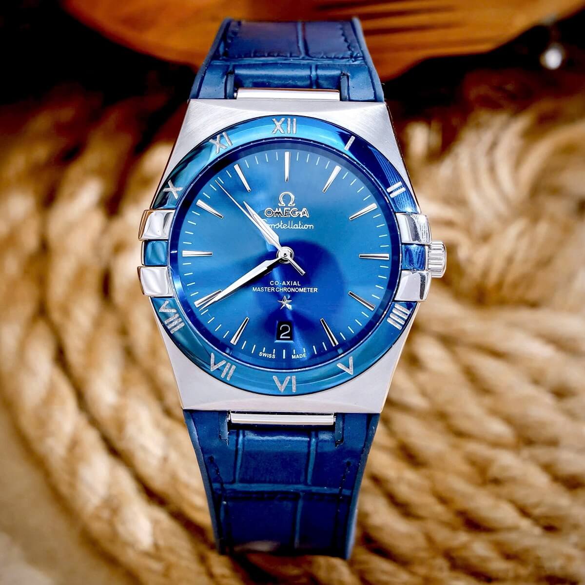 Đồng Hồ Nam Omega Constellation Tự Động Dây Cao Su Bọc Da Xanh Vỏ Silver Size 40mm