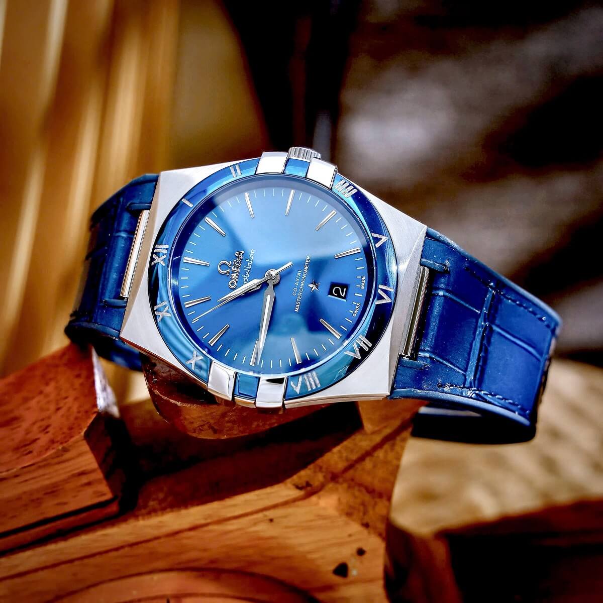 Đồng Hồ Nam Omega Constellation Tự Động Dây Cao Su Bọc Da Xanh Vỏ Silver Size 40mm