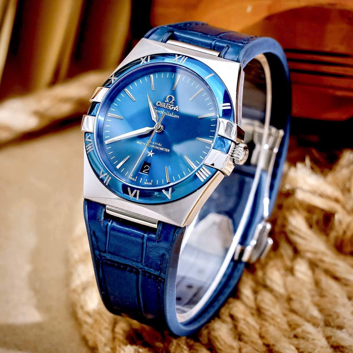 Đồng Hồ Nam Omega Constellation Tự Động Dây Cao Su Bọc Da Xanh Vỏ Silver Size 40mm