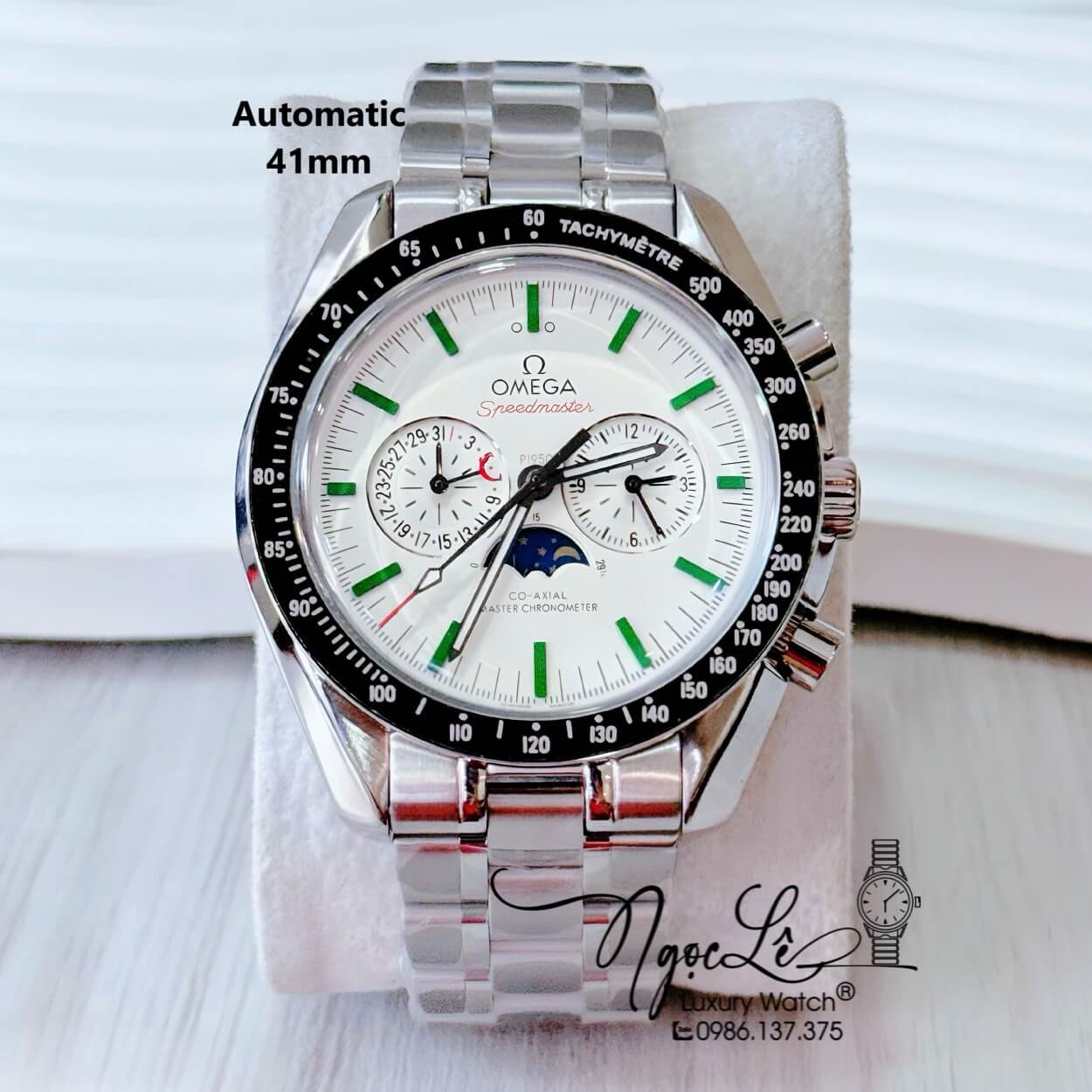 Đồng Hồ Nam Omega Tự Động Dây Kim Loại 5 Kim - Màu Bạc Mặt Trắng Viền Đen Size 41mm - Omega Speedmaster Moonphase