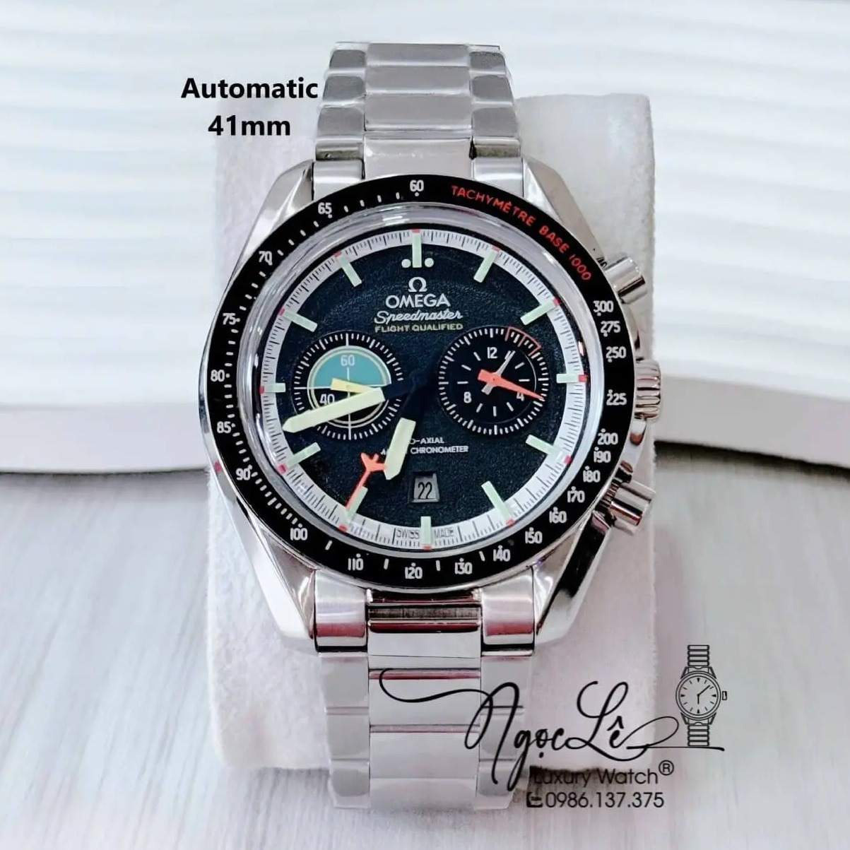 Đồng Hồ Nam Omega Tự Động Dây Kim Loại 5 Kim - Màu Bạc Mặt Xanh Cát Viền Đen Size 41mm - Omega Montres Speedmaster Deux Compteurs