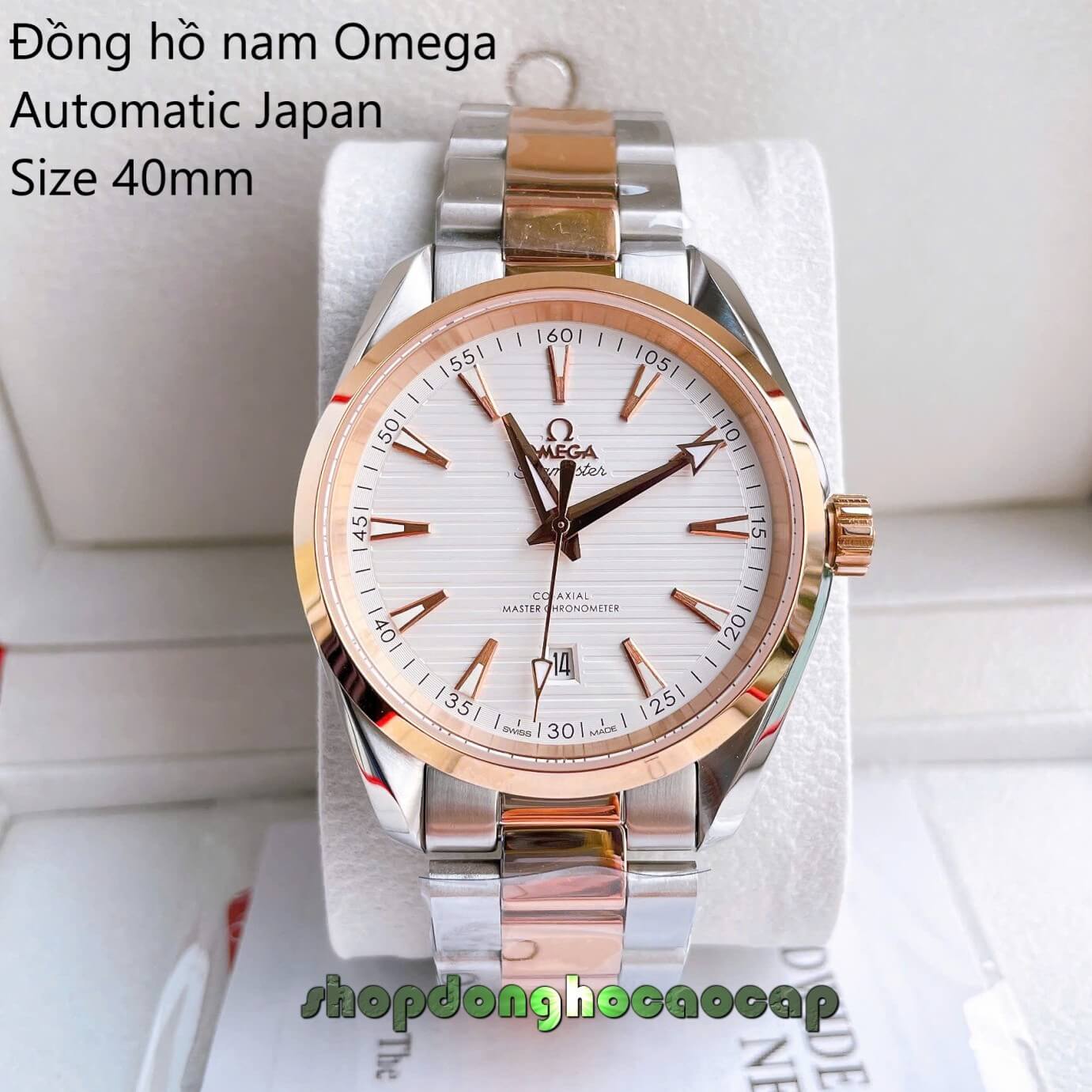 Đồng Hồ Nam Omega Máy Tự Động Nhật Mặt Trắng Kim Loại Demi Rose Sapphire Size 40mmm