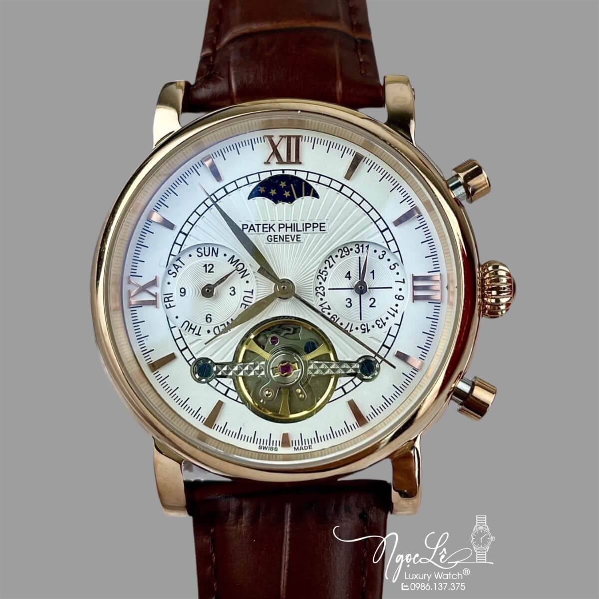 Đồng Hồ Nam Patek Philippe Sun and Moon Dây Da Màu Nâu Vỏ Rose Size 40mm