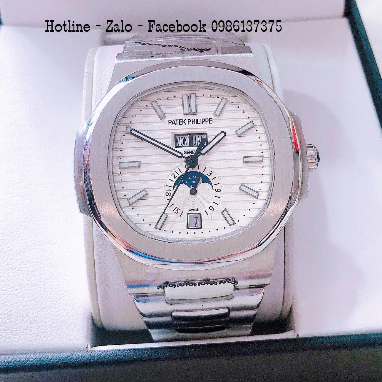 Đồng Hồ Nam Patek Philippe Automatic 2 Lịch Bạc Mặt Trắng 40mm