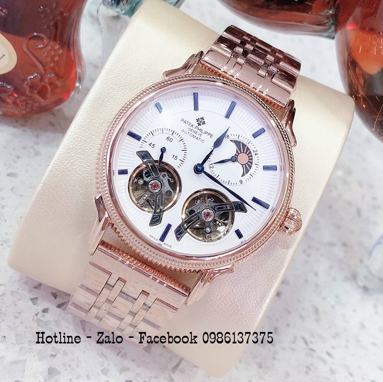 Đồng Hồ Nam Patek Philippe Automatic 42mm Lộ Máy Vàng Hồng Kim Xanh