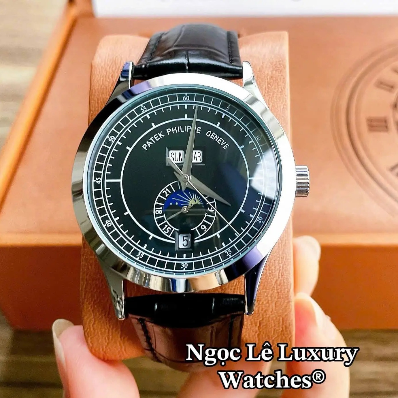 Đồng Hồ Nam Patek Philippe Complications Tự Động Dây Da Đen Mặt Đen Vỏ Bạc Size 40mm