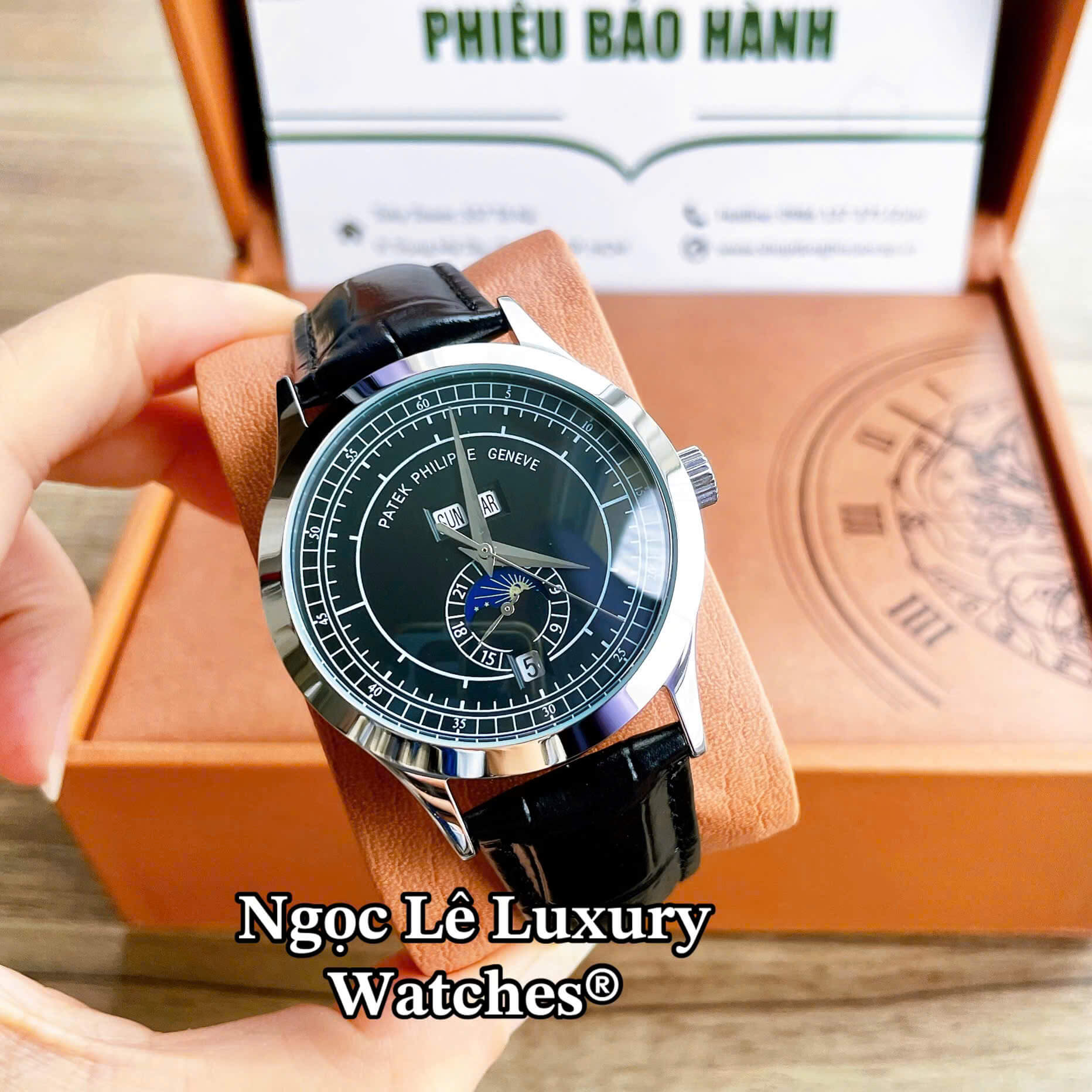Đồng Hồ Nam Patek Philippe Complications Tự Động Dây Da Đen Mặt Đen Vỏ Bạc Size 40mm