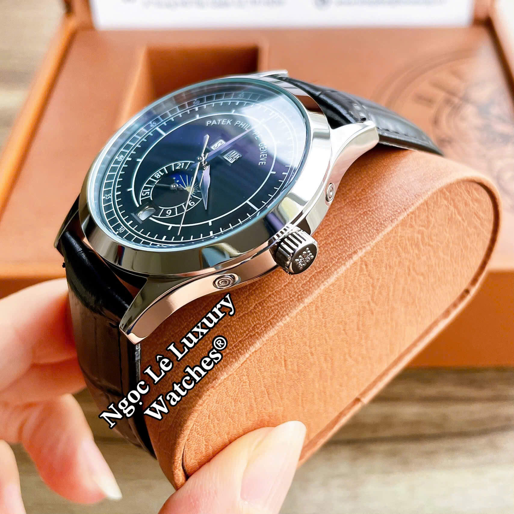 Đồng Hồ Nam Patek Philippe Complications Tự Động Dây Da Đen Mặt Đen Vỏ Bạc Size 40mm
