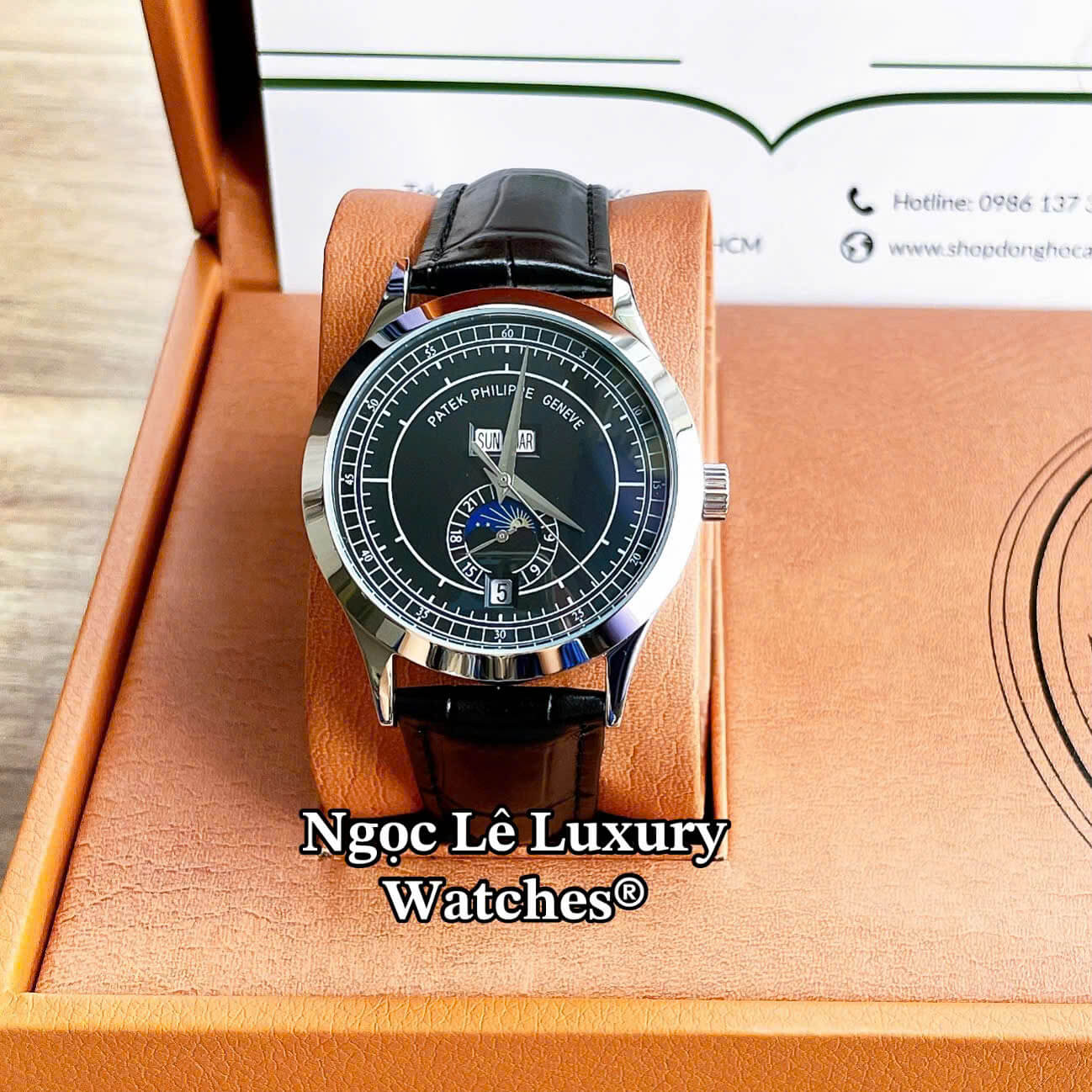 Đồng Hồ Nam Patek Philippe Complications Tự Động Dây Da Đen Mặt Đen Vỏ Bạc Size 40mm