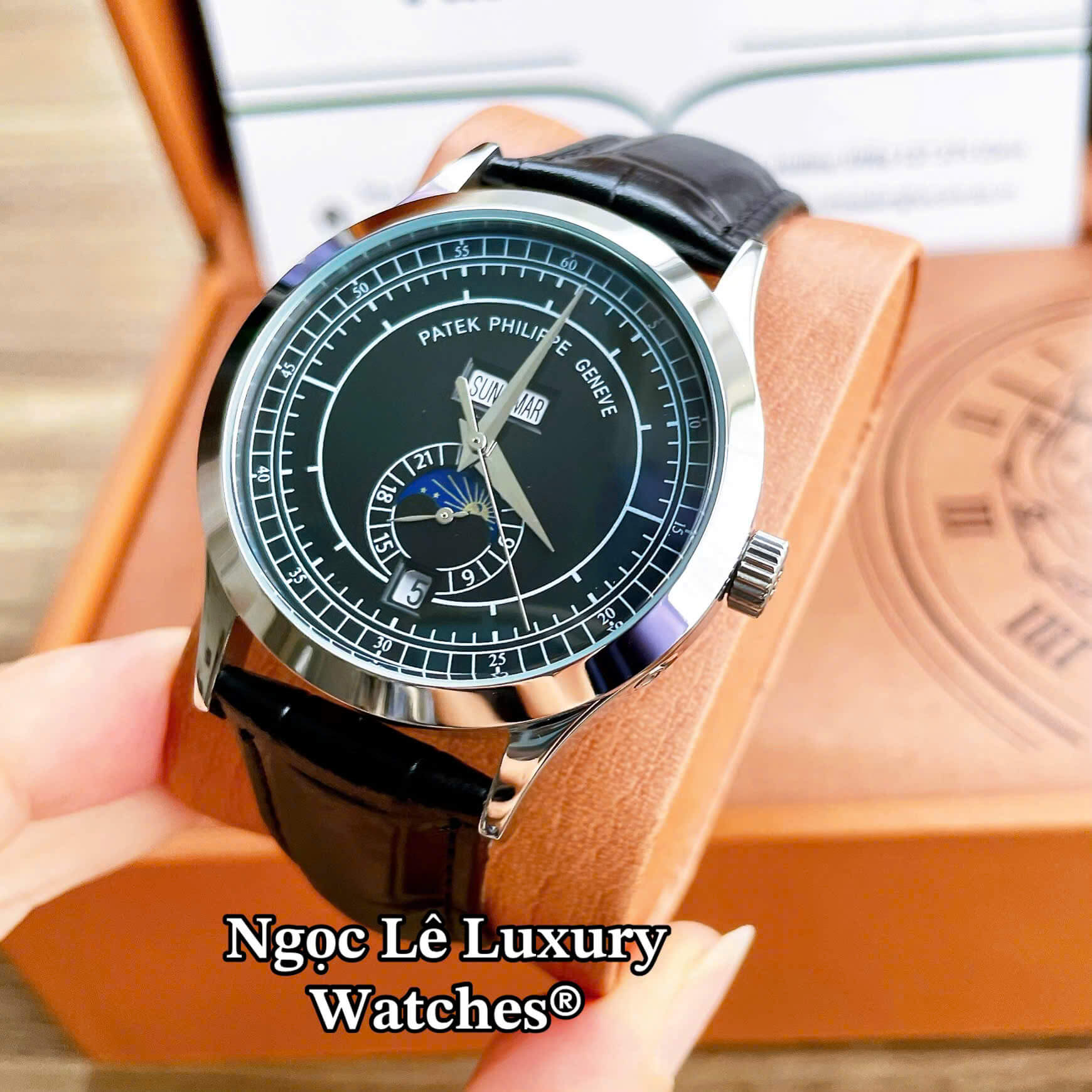 Đồng Hồ Nam Patek Philippe Complications Tự Động Dây Da Đen Mặt Đen Vỏ Bạc Size 40mm