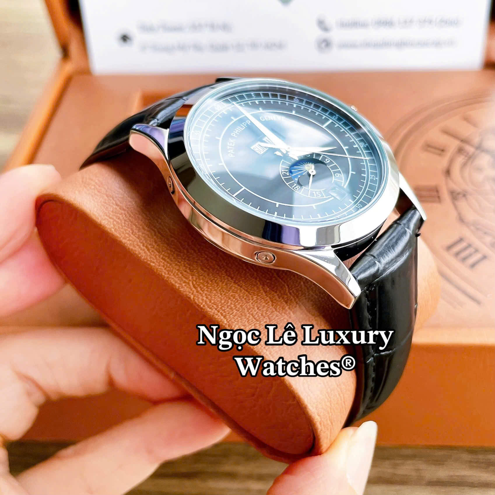 Đồng Hồ Nam Patek Philippe Complications Tự Động Dây Da Đen Mặt Đen Vỏ Bạc Size 40mm