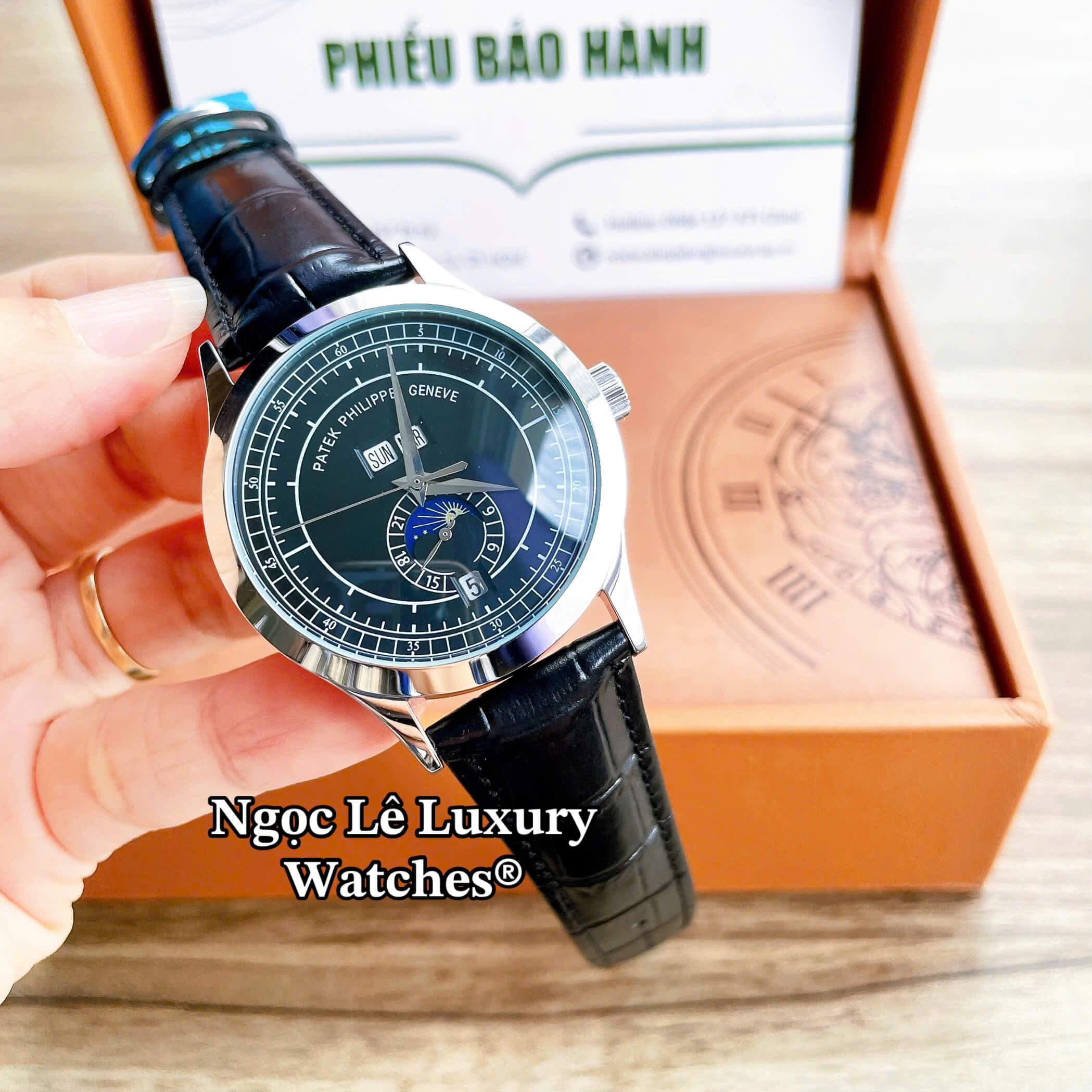Đồng Hồ Nam Patek Philippe Complications Tự Động Dây Da Đen Mặt Đen Vỏ Bạc Size 40mm