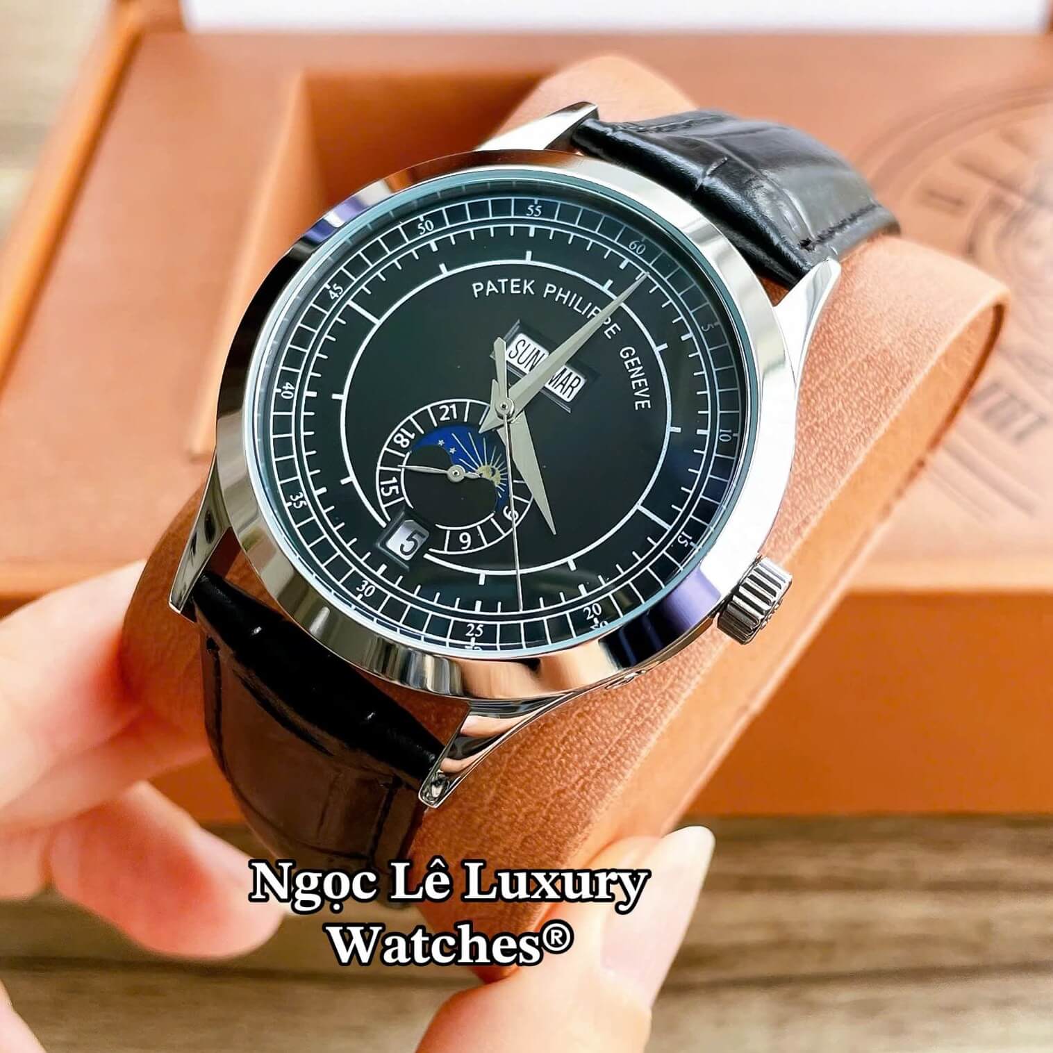 Đồng Hồ Nam Patek Philippe Complications Tự Động Dây Da Đen Mặt Đen Vỏ Bạc Size 40mm
