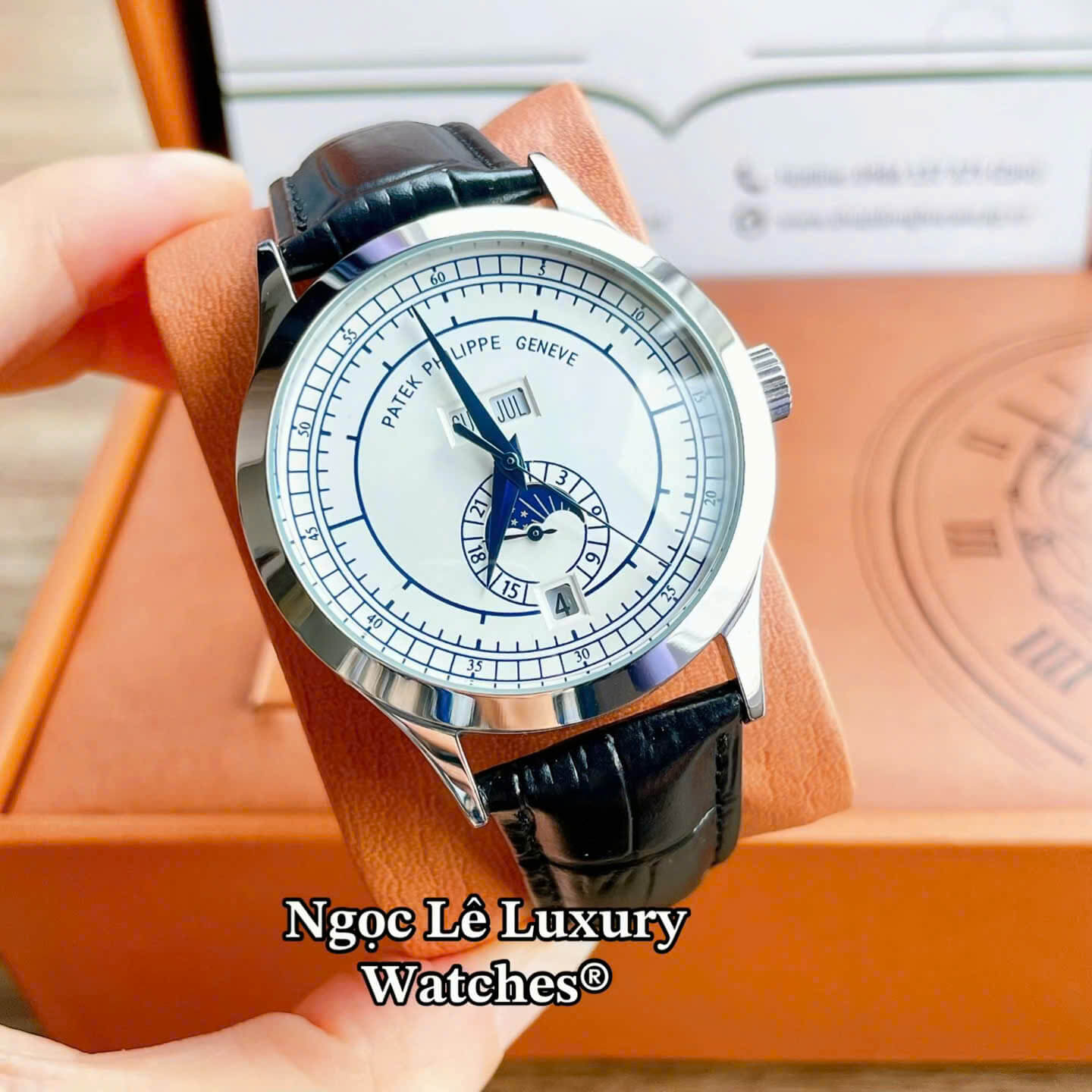 Đồng Hồ Nam Patek Philippe Complications Tự Động Dây Da Đen Mặt Trắng Vỏ Bạc Size 40mm