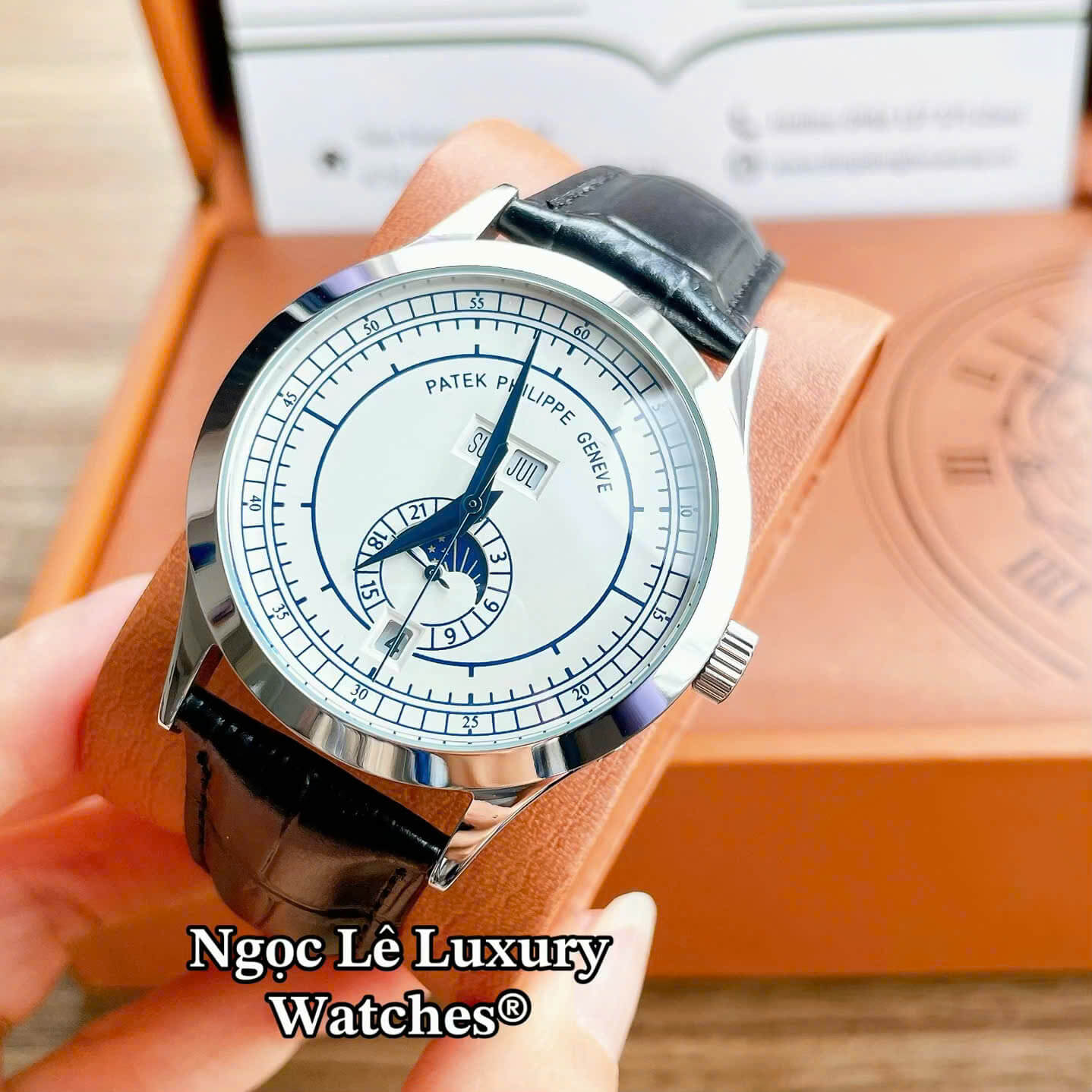 Đồng Hồ Nam Patek Philippe Complications Tự Động Dây Da Đen Mặt Trắng Vỏ Bạc Size 40mm