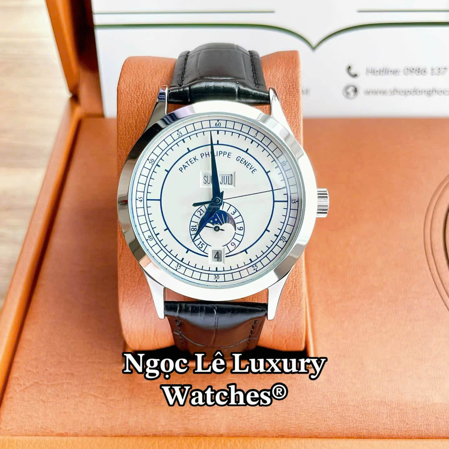 Đồng Hồ Nam Patek Philippe Complications Tự Động Dây Da Đen Mặt Trắng Vỏ Bạc Size 40mm
