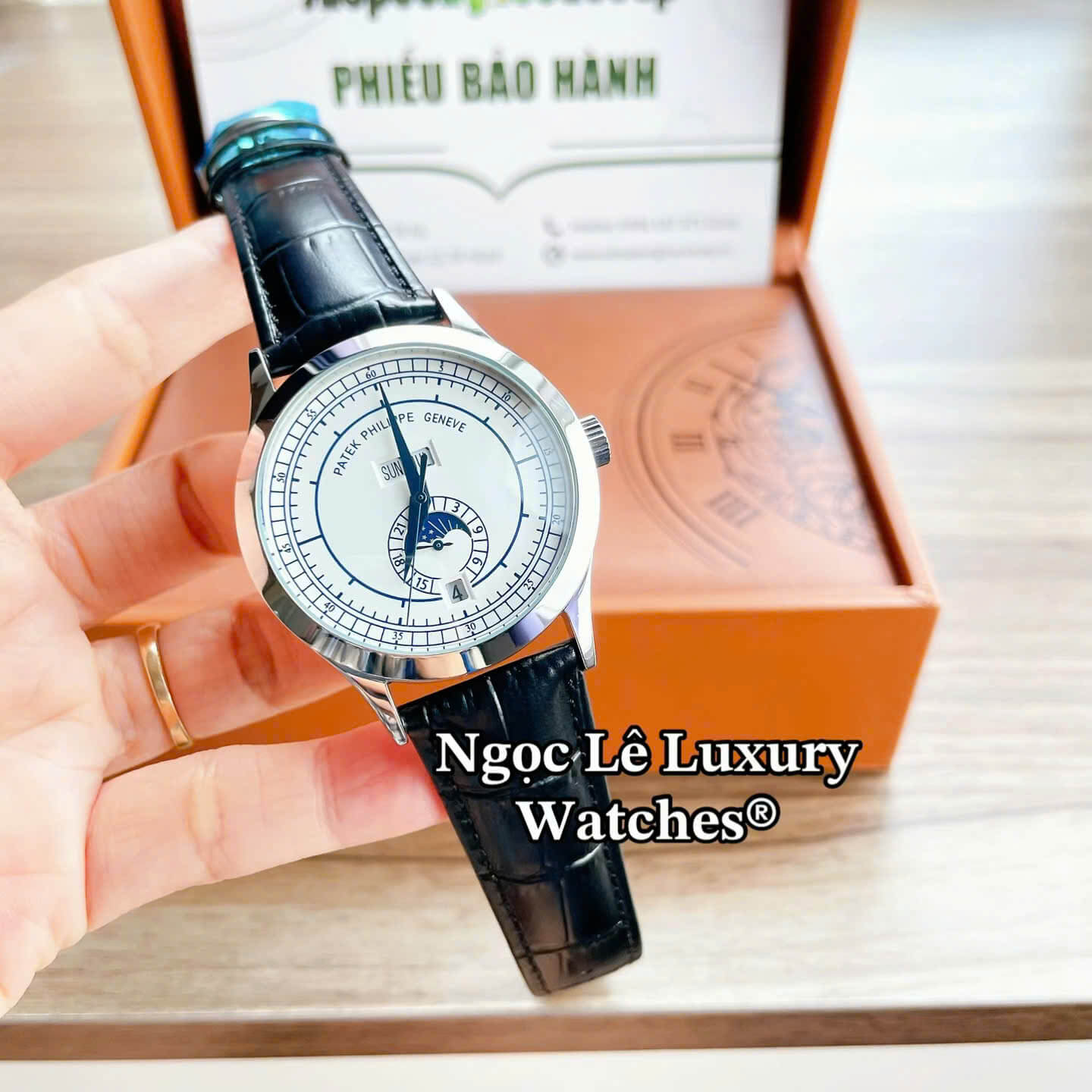 Đồng Hồ Nam Patek Philippe Complications Tự Động Dây Da Đen Mặt Trắng Vỏ Bạc Size 40mm