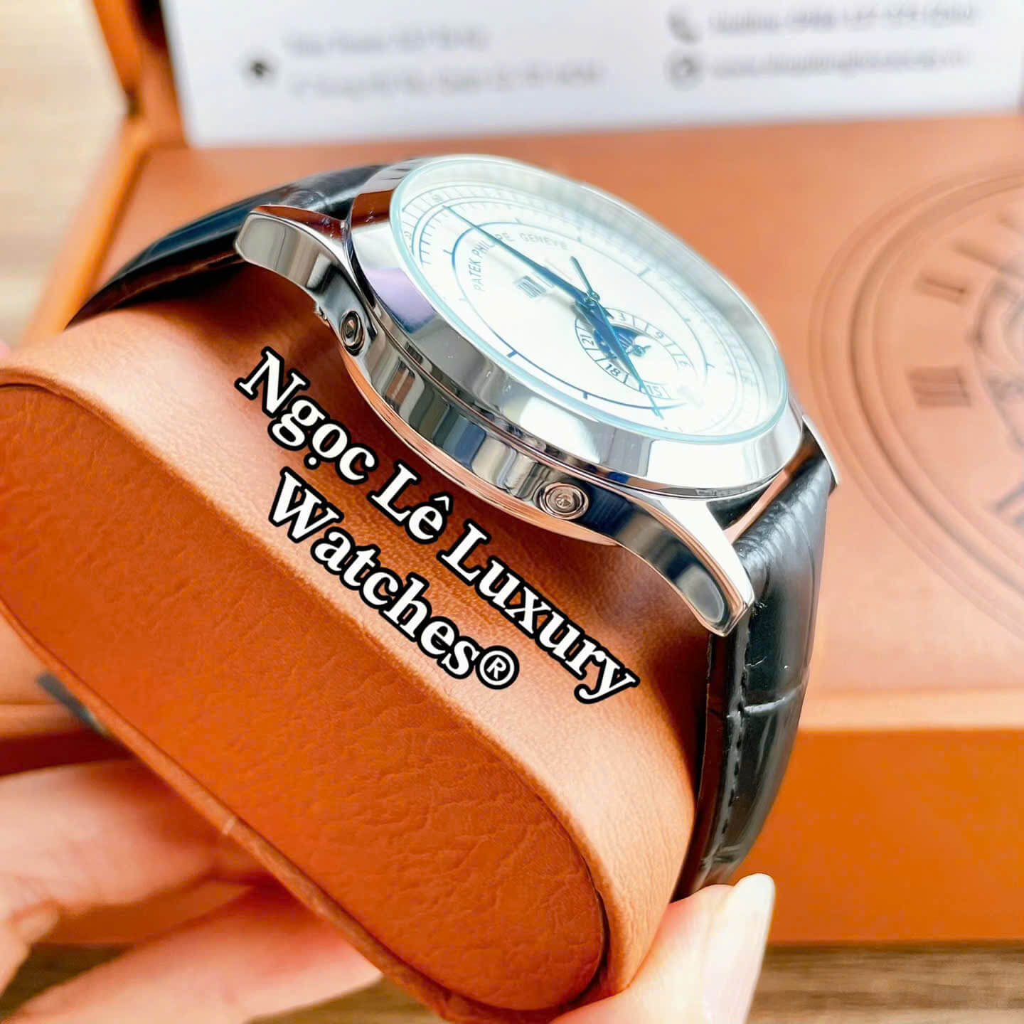 Đồng Hồ Nam Patek Philippe Complications Tự Động Dây Da Đen Mặt Trắng Vỏ Bạc Size 40mm