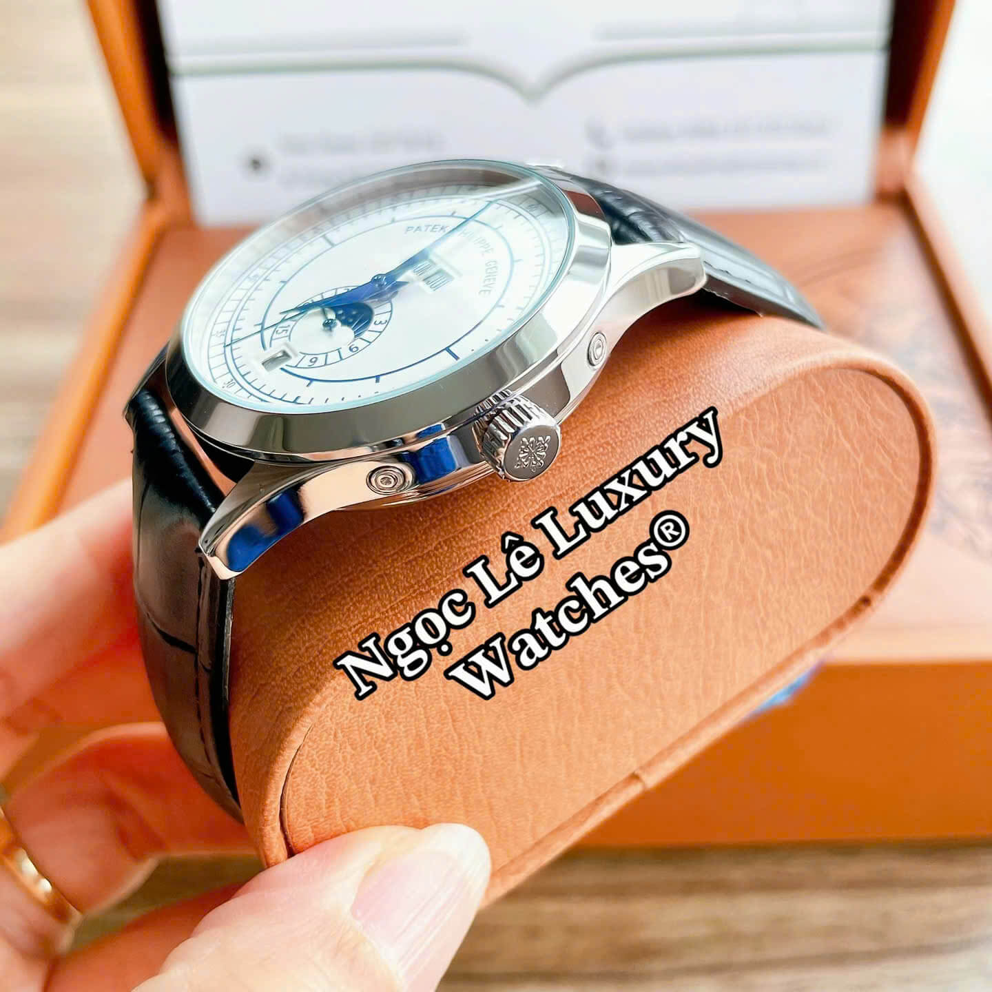 Đồng Hồ Nam Patek Philippe Complications Tự Động Dây Da Đen Mặt Trắng Vỏ Bạc Size 40mm