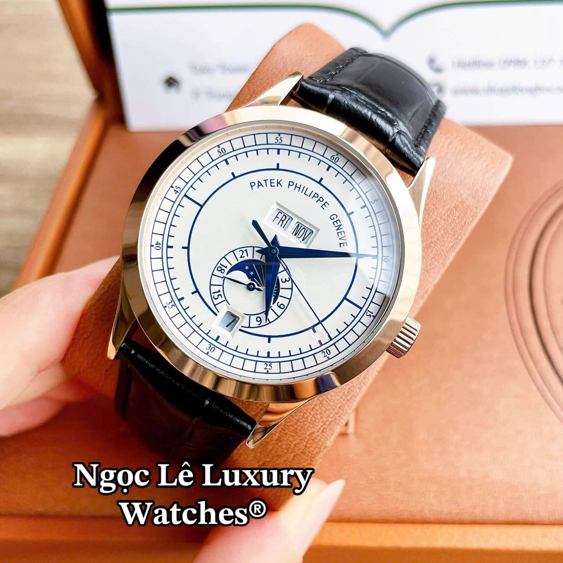 Đồng Hồ Nam Patek Philippe Complications Tự Động Dây Da Đen Mặt Trắng Vỏ Rose Size 40mm
