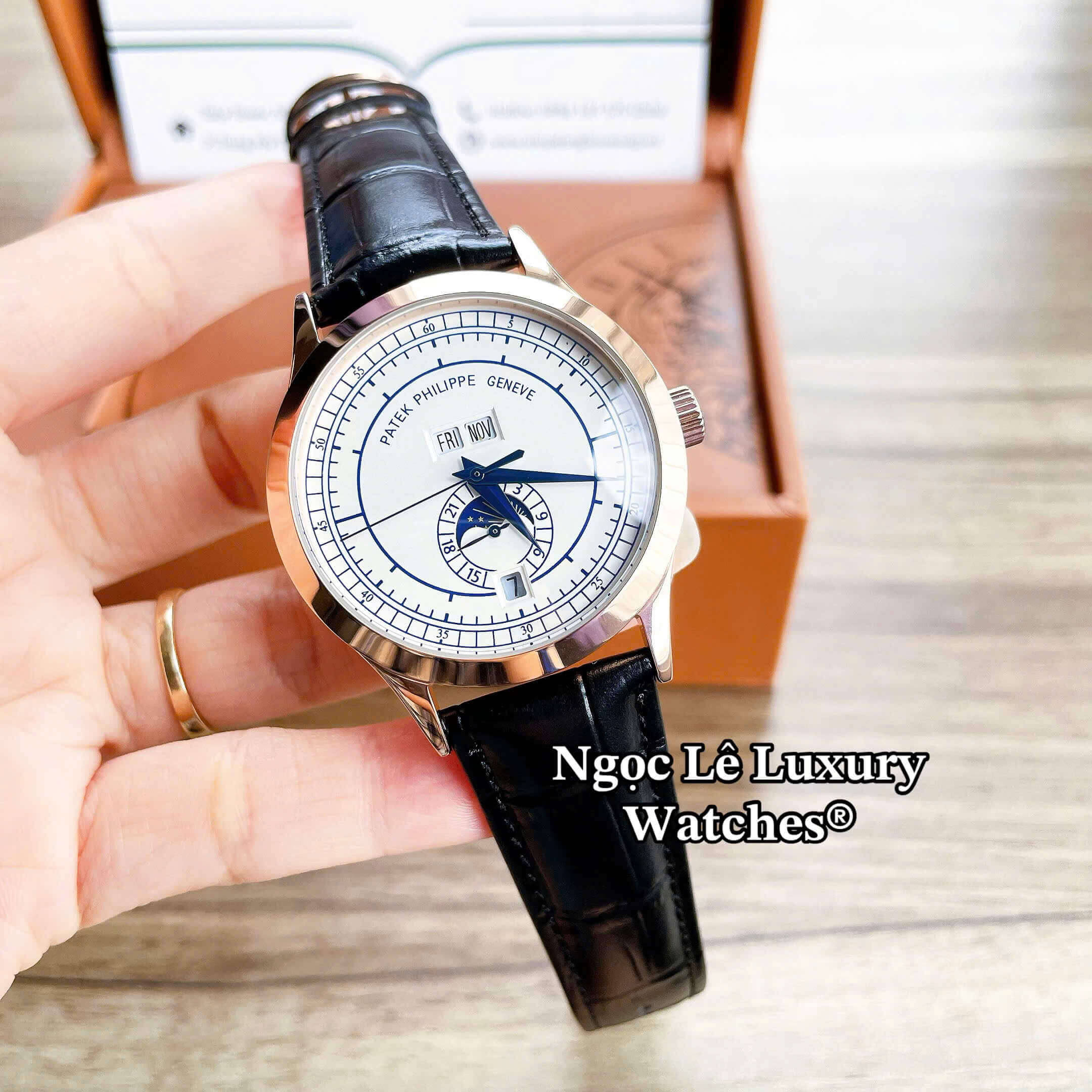 Đồng Hồ Nam Patek Philippe Complications Tự Động Dây Da Đen Mặt Trắng Vỏ Rose Size 40mm