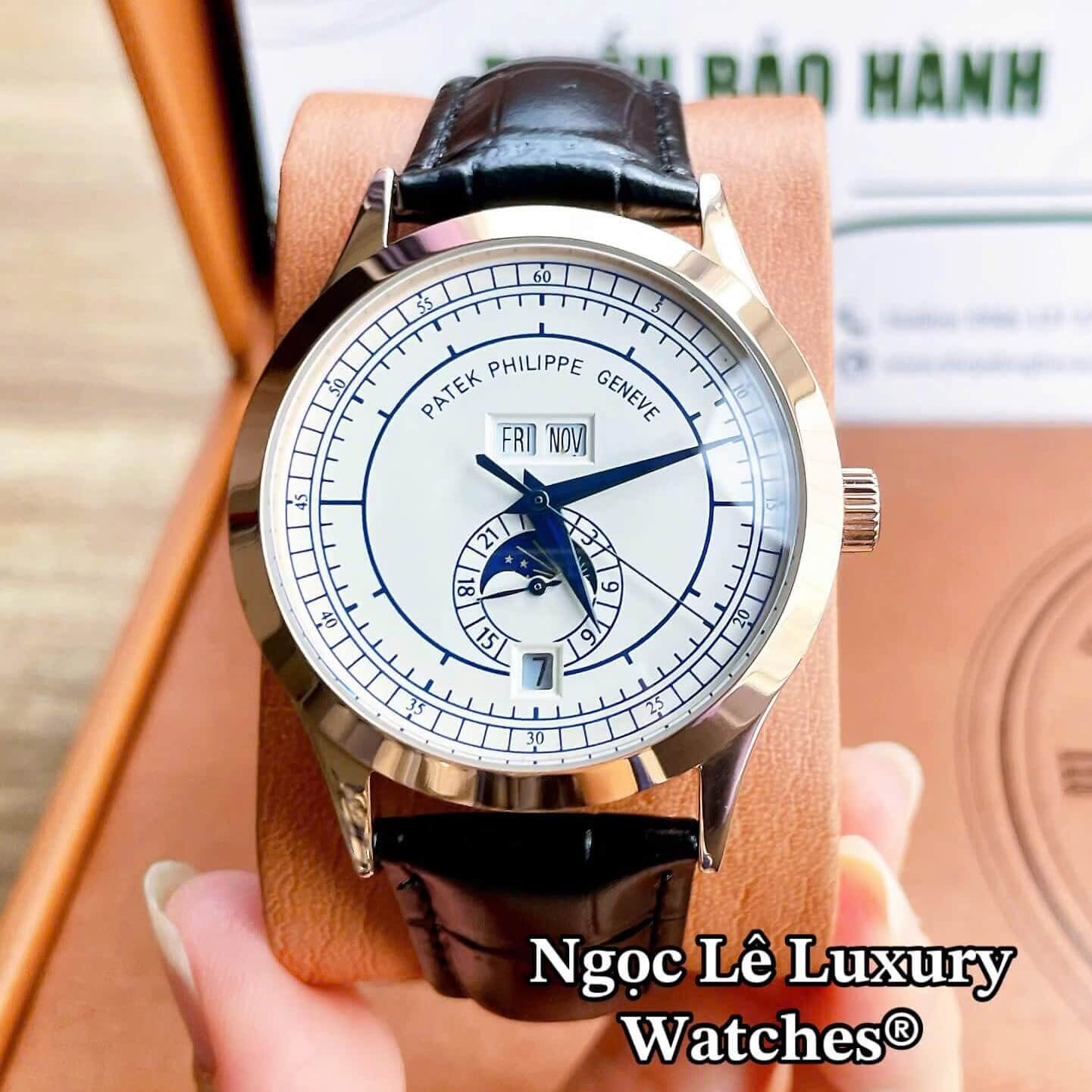 Đồng Hồ Nam Patek Philippe Complications Tự Động Dây Da Đen Mặt Trắng Vỏ Rose Size 40mm