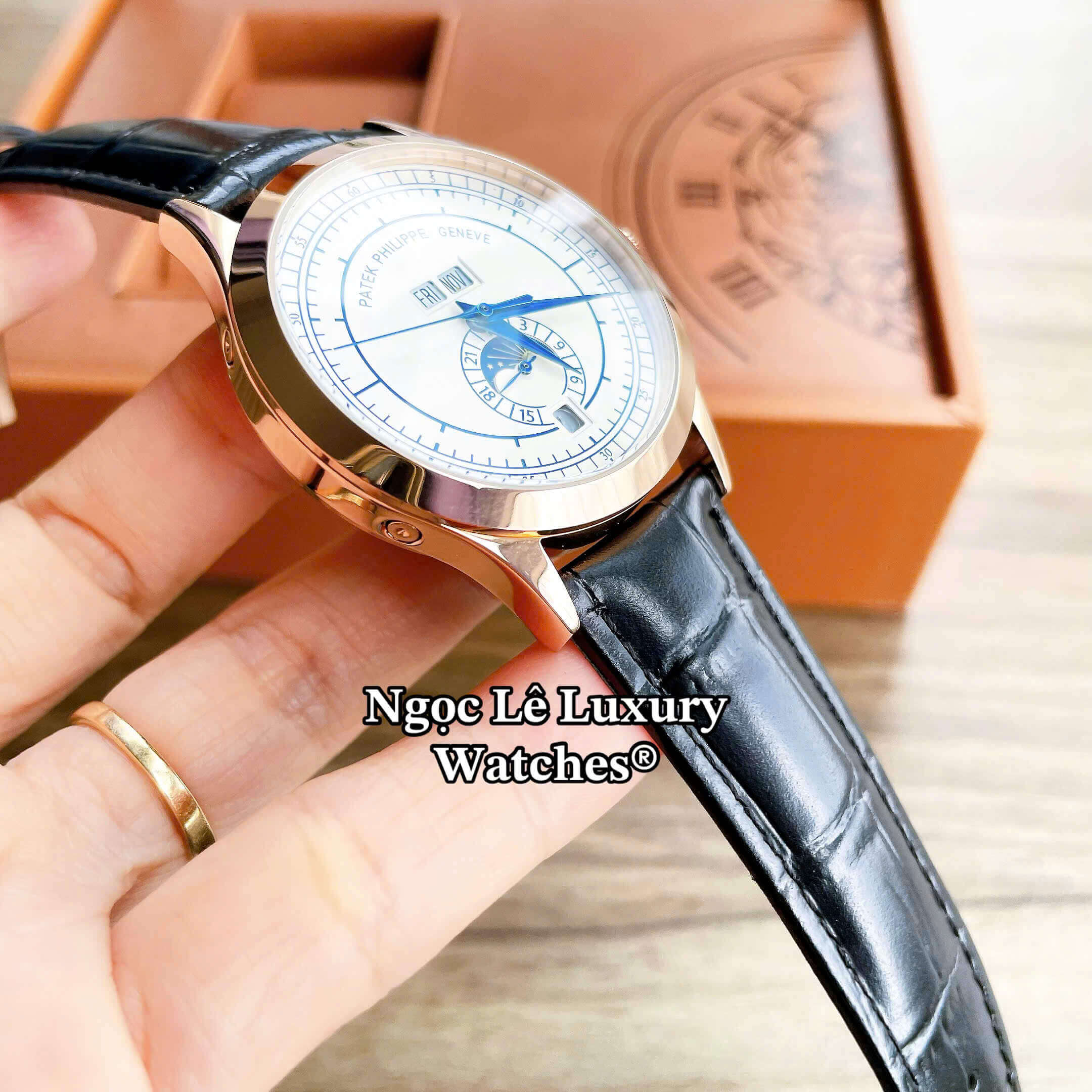 Đồng Hồ Nam Patek Philippe Complications Tự Động Dây Da Đen Mặt Trắng Vỏ Rose Size 40mm