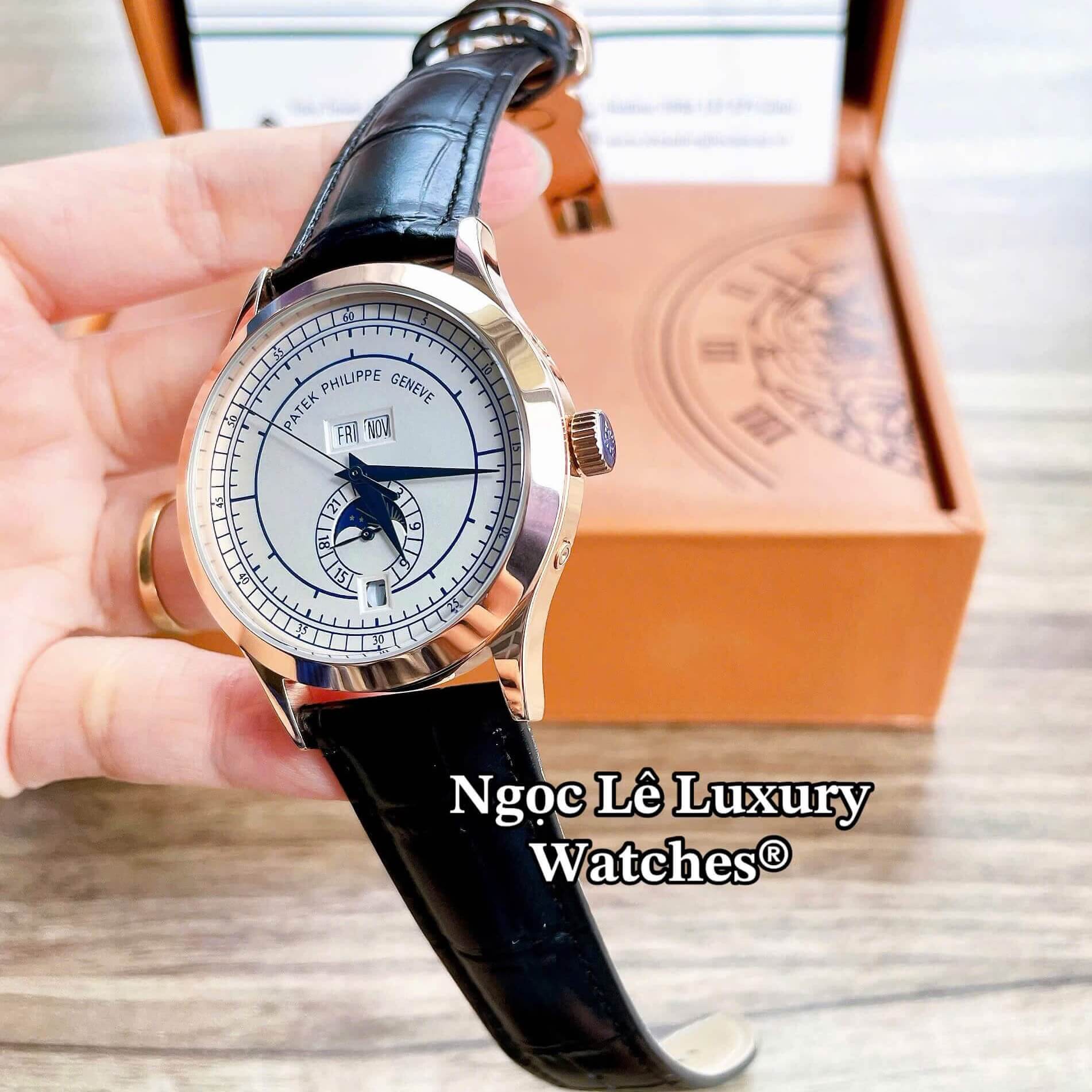 Đồng Hồ Nam Patek Philippe Complications Tự Động Dây Da Đen Mặt Trắng Vỏ Rose Size 40mm