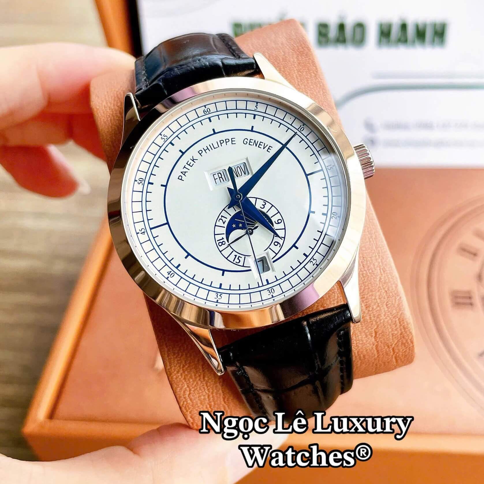 Đồng Hồ Nam Patek Philippe Complications Tự Động Dây Da Đen Mặt Trắng Vỏ Rose Size 40mm