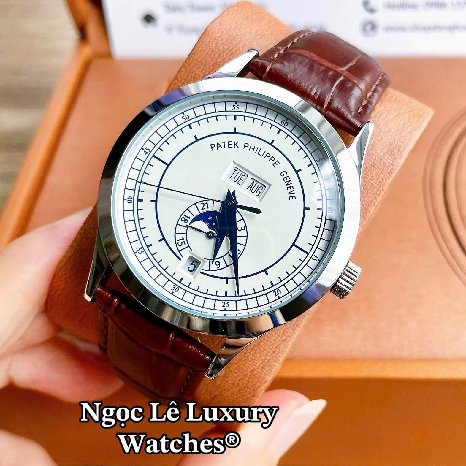 Đồng Hồ Nam Patek Philippe Complications Tự Động Dây Da Nâu Mặt Trắng Vỏ Silver Size 40mm