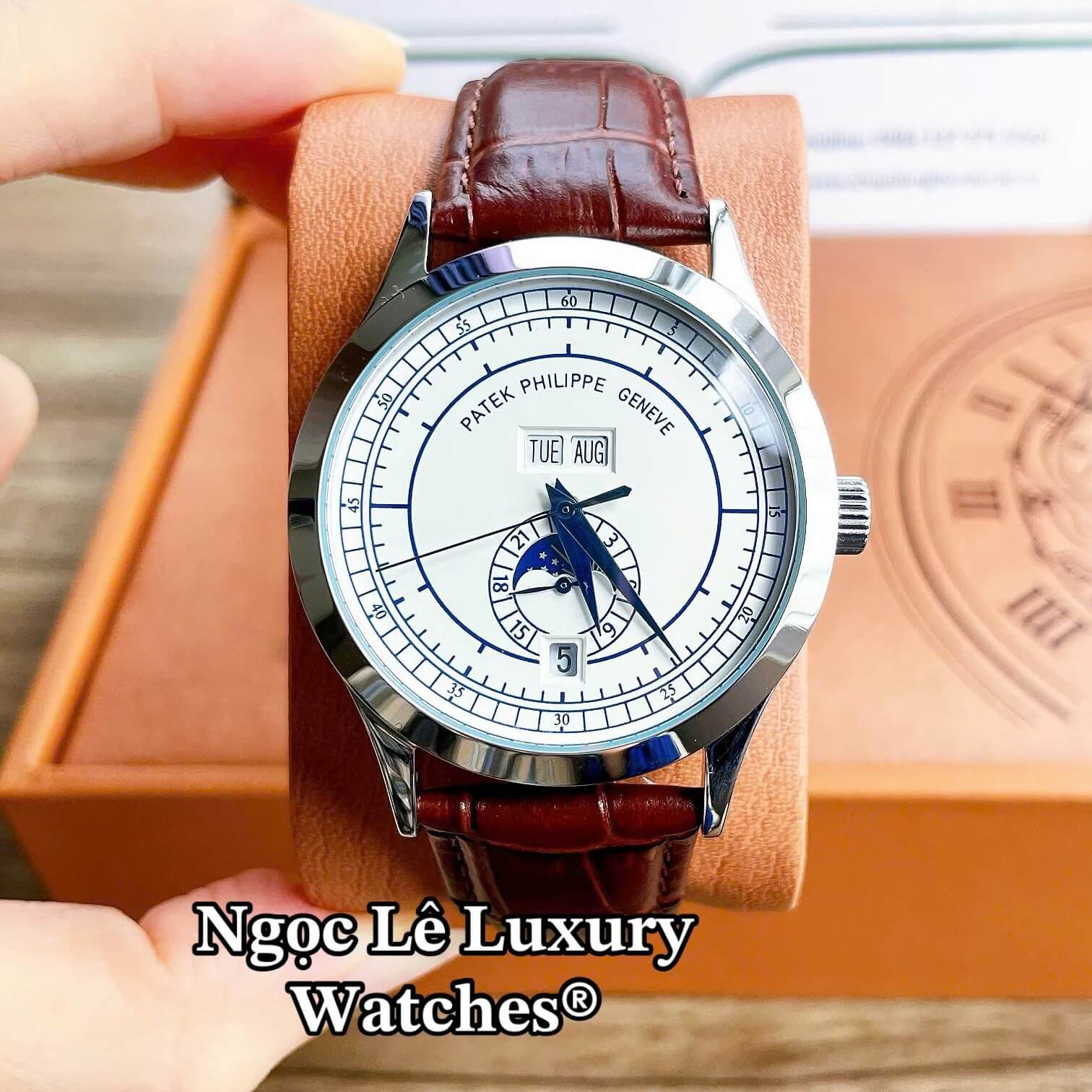 Đồng Hồ Nam Patek Philippe Complications Tự Động Dây Da Nâu Mặt Trắng Vỏ Silver Size 40mm