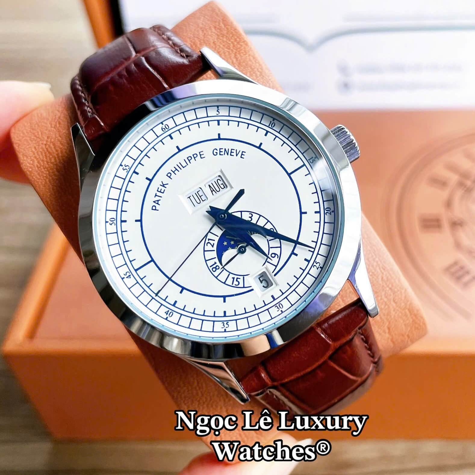 Đồng Hồ Nam Patek Philippe Complications Tự Động Dây Da Nâu Mặt Trắng Vỏ Silver Size 40mm