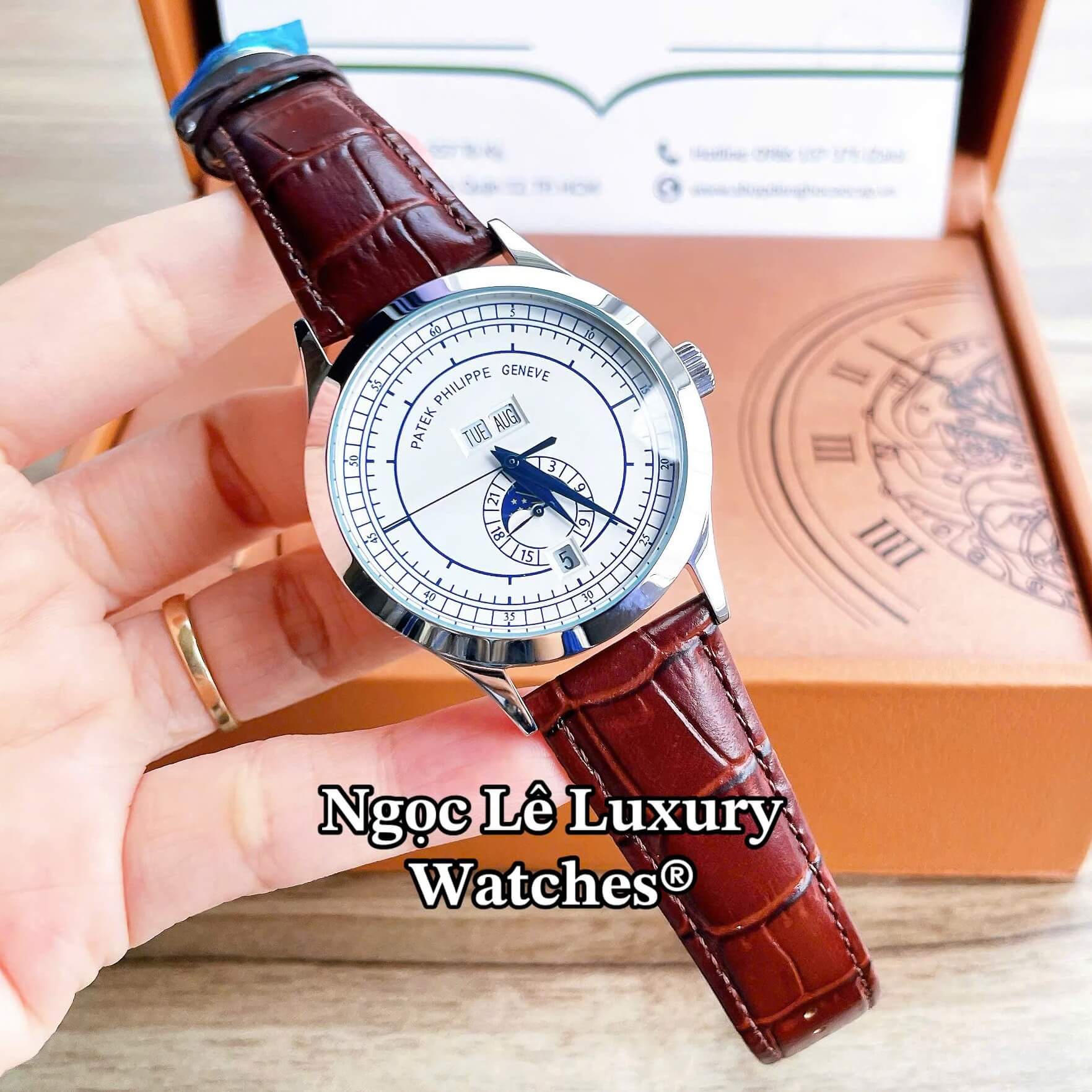 Đồng Hồ Nam Patek Philippe Complications Tự Động Dây Da Nâu Mặt Trắng Vỏ Silver Size 40mm