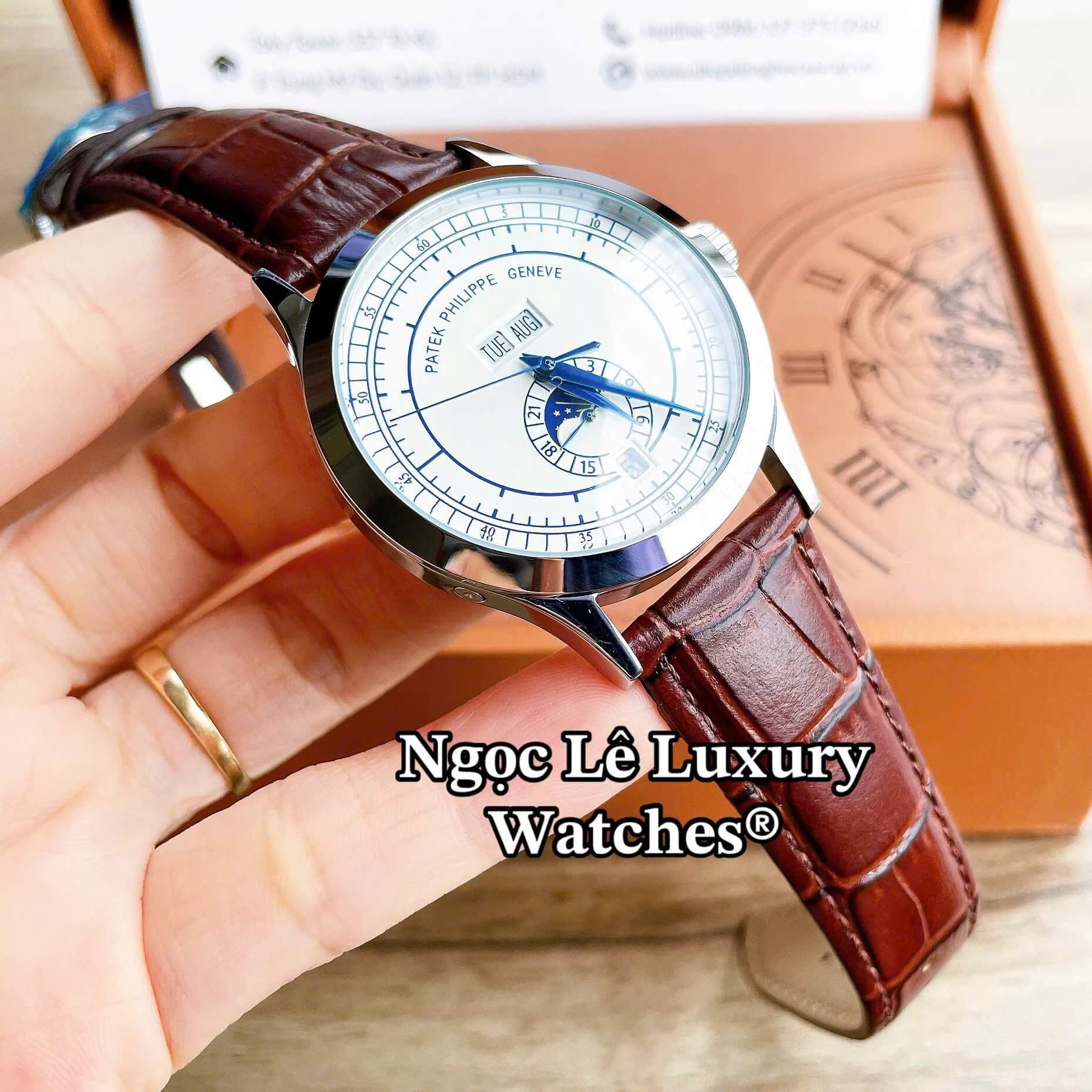 Đồng Hồ Nam Patek Philippe Complications Tự Động Dây Da Nâu Mặt Trắng Vỏ Silver Size 40mm