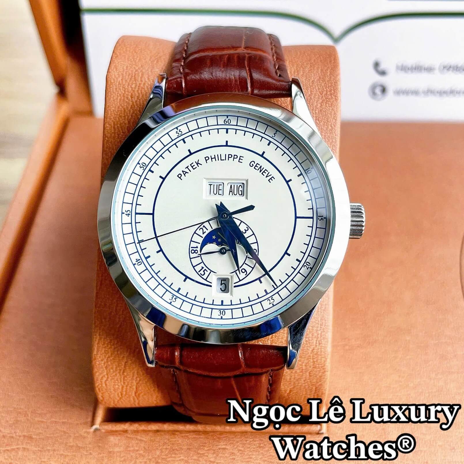 Đồng Hồ Nam Patek Philippe Complications Tự Động Dây Da Nâu Mặt Trắng Vỏ Silver Size 40mm
