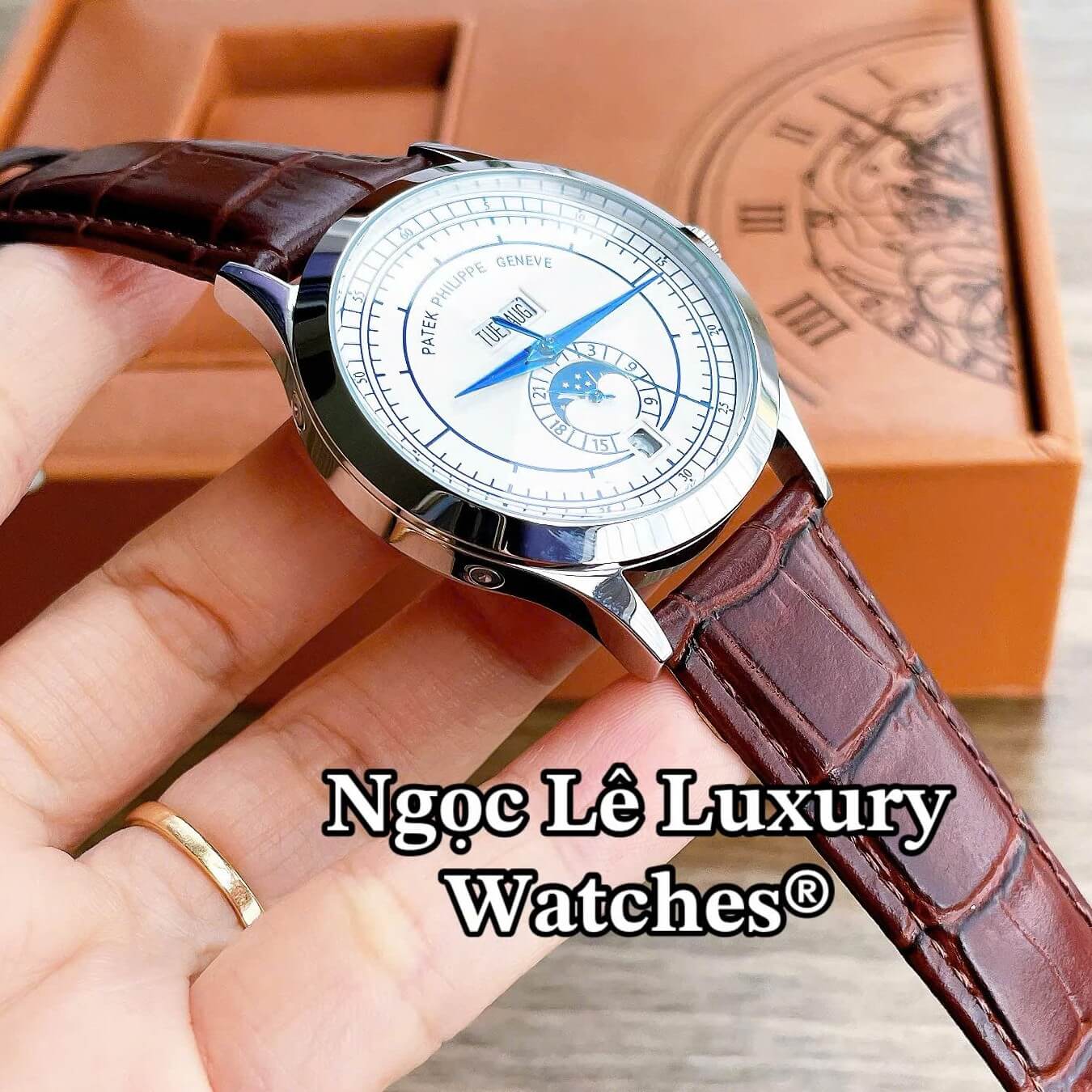 Đồng Hồ Nam Patek Philippe Complications Tự Động Dây Da Nâu Mặt Trắng Vỏ Silver Size 40mm