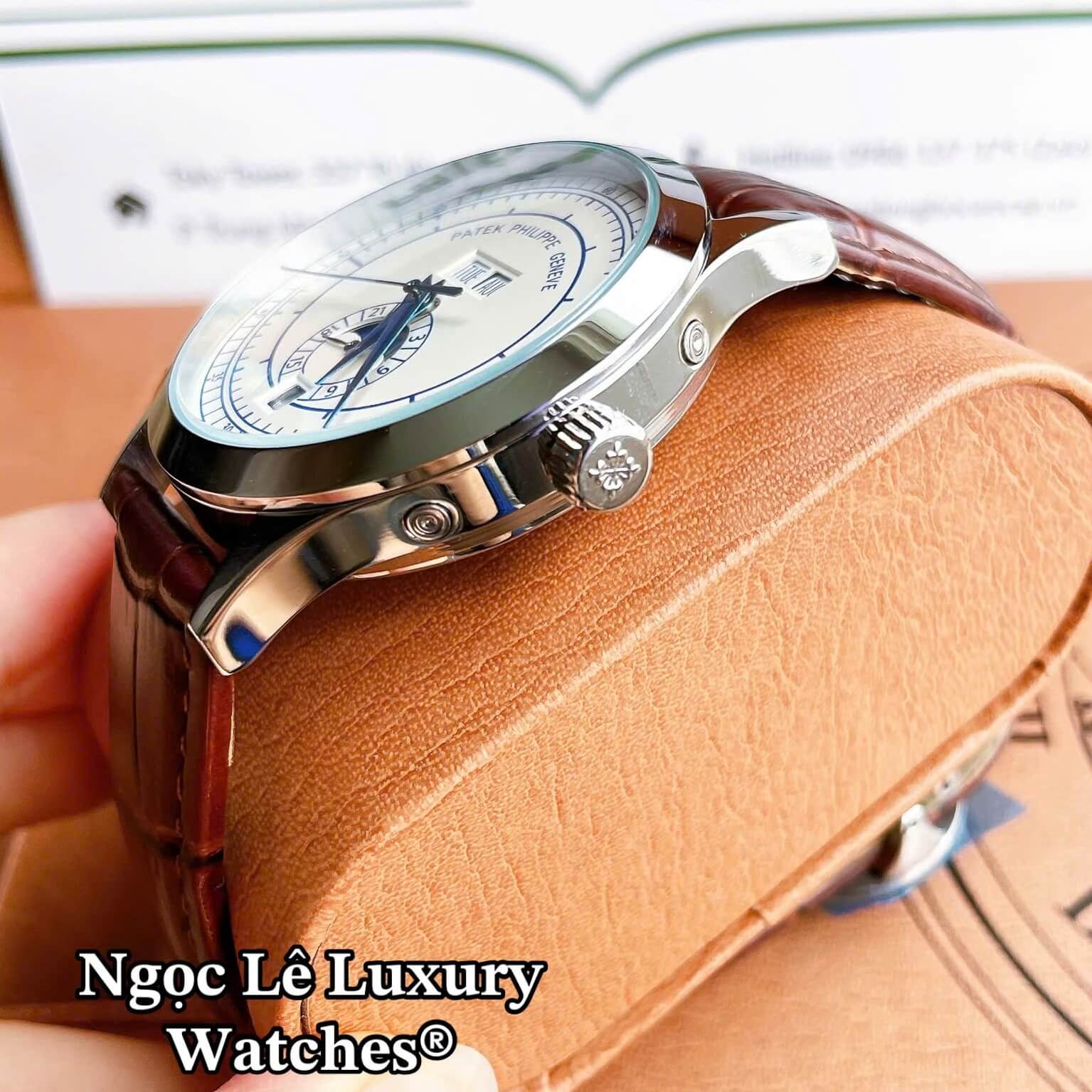 Đồng Hồ Nam Patek Philippe Complications Tự Động Dây Da Nâu Mặt Trắng Vỏ Silver Size 40mm