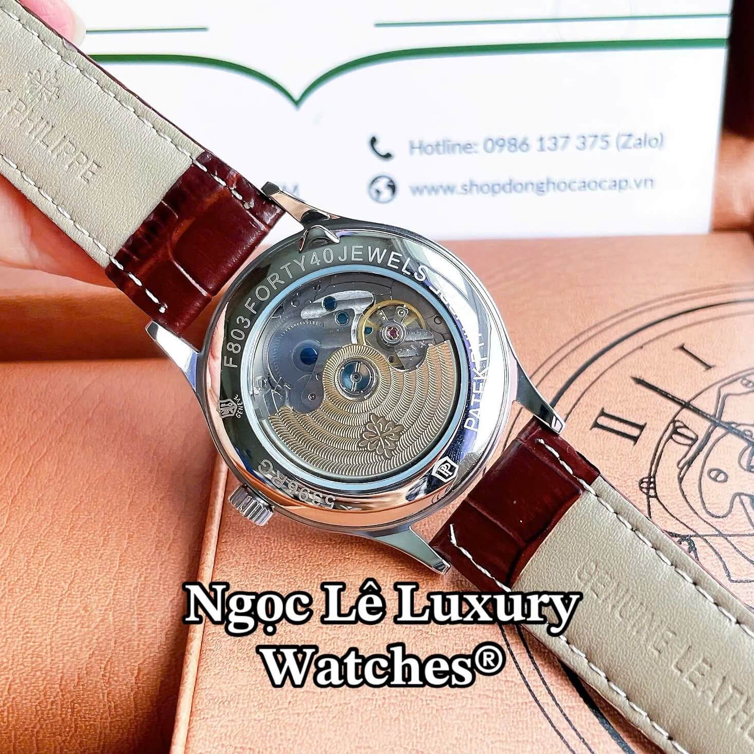 Đồng Hồ Nam Patek Philippe Complications Tự Động Dây Da Nâu Mặt Trắng Vỏ Silver Size 40mm