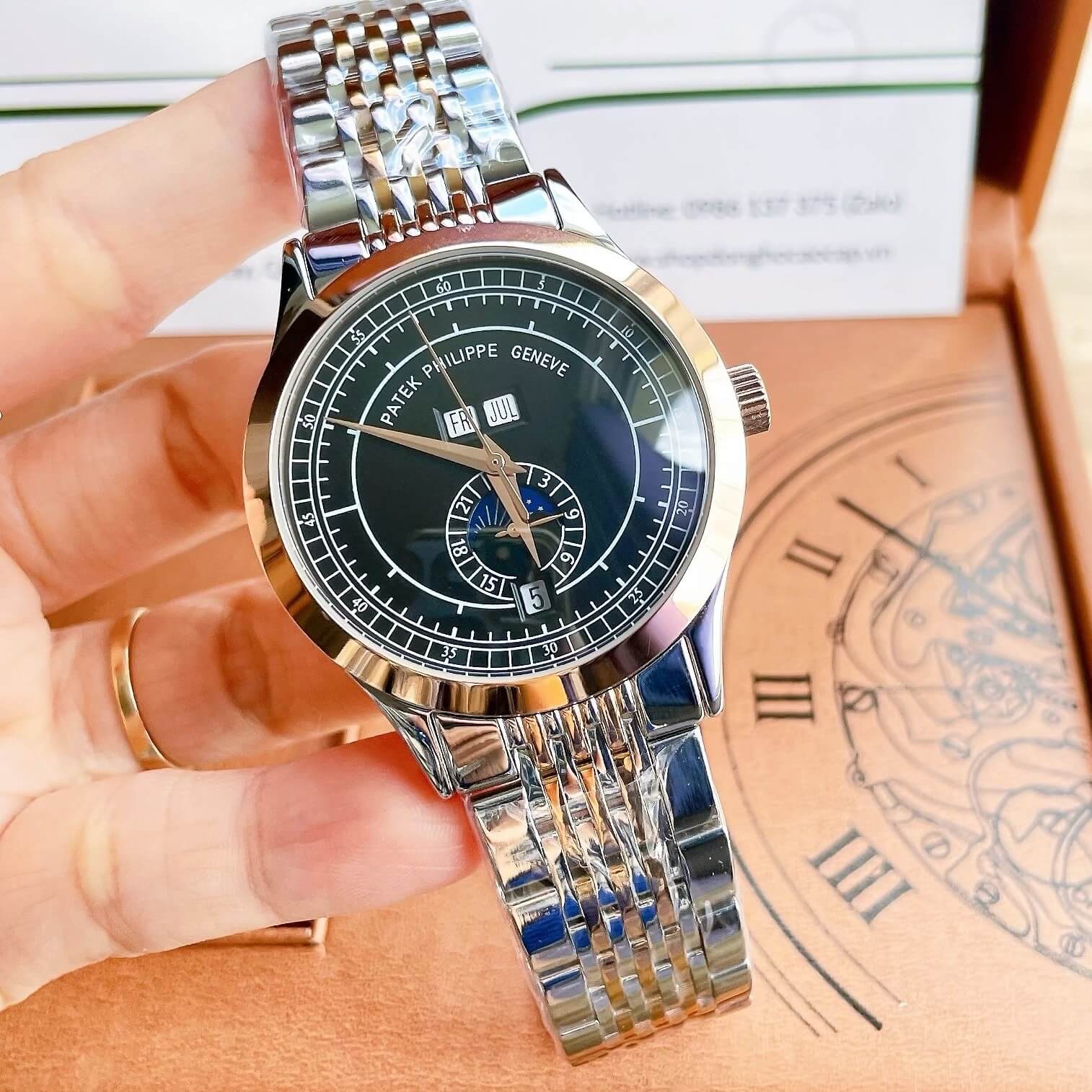 Đồng Hồ Nam Patek Philippe Complications Tự Động Dây Kim Loại Demi Vàng Hồng Mặt Đen Size 40mm