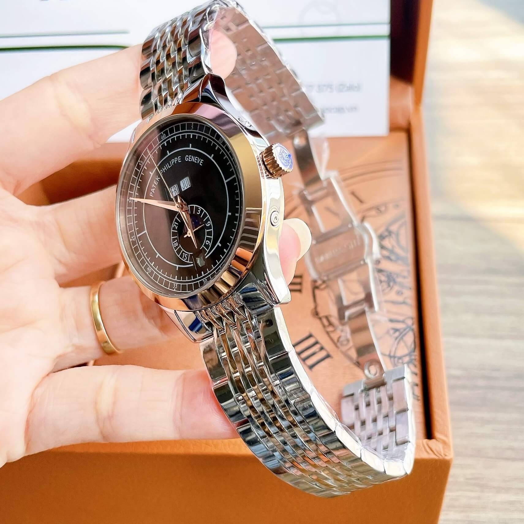 Đồng Hồ Nam Patek Philippe Complications Tự Động Dây Kim Loại Demi Vàng Hồng Mặt Đen Size 40mm