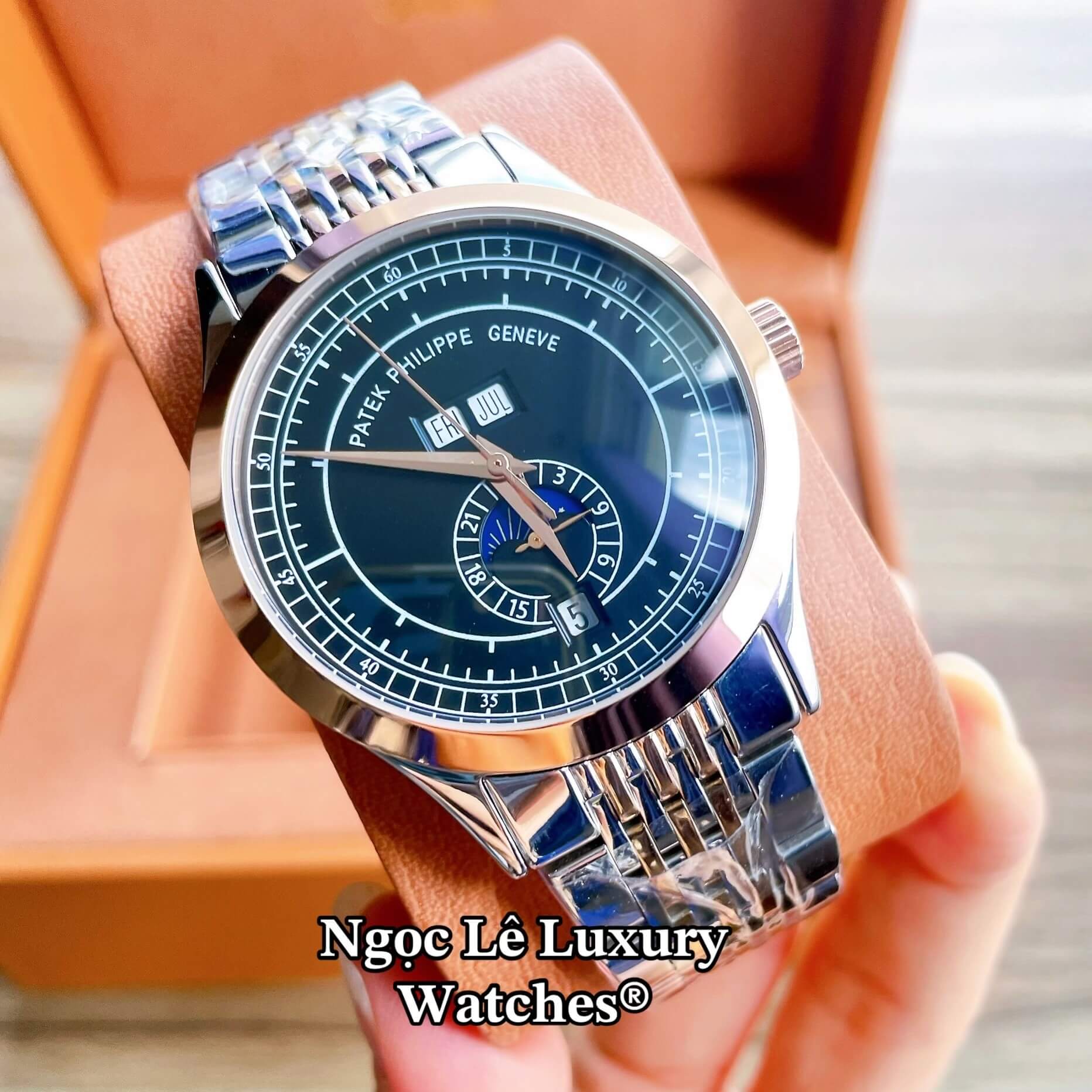 Đồng Hồ Nam Patek Philippe Complications Tự Động Dây Kim Loại Demi Vàng Hồng Mặt Đen Size 40mm