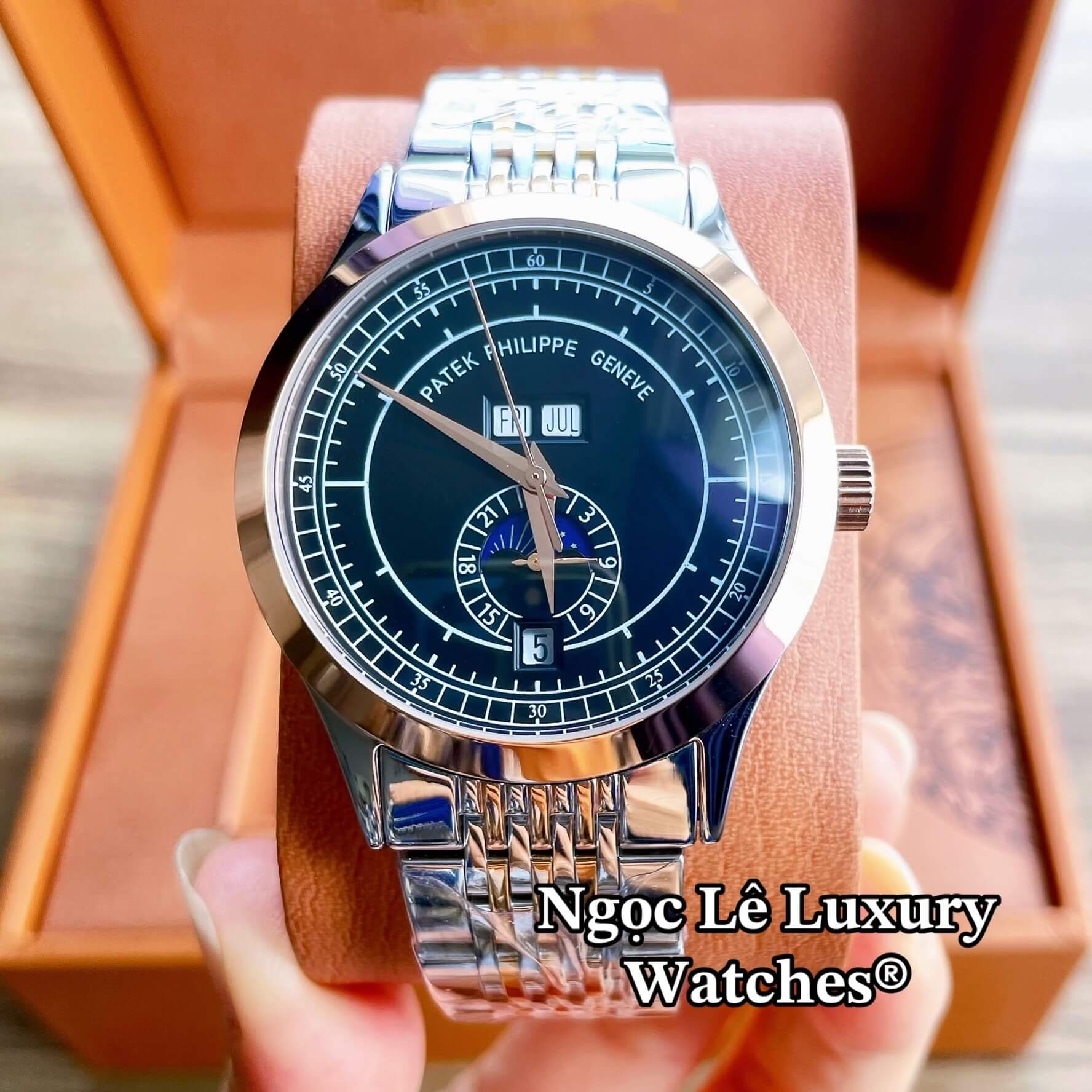 Đồng Hồ Nam Patek Philippe Complications Tự Động Dây Kim Loại Demi Vàng Hồng Mặt Đen Size 40mm