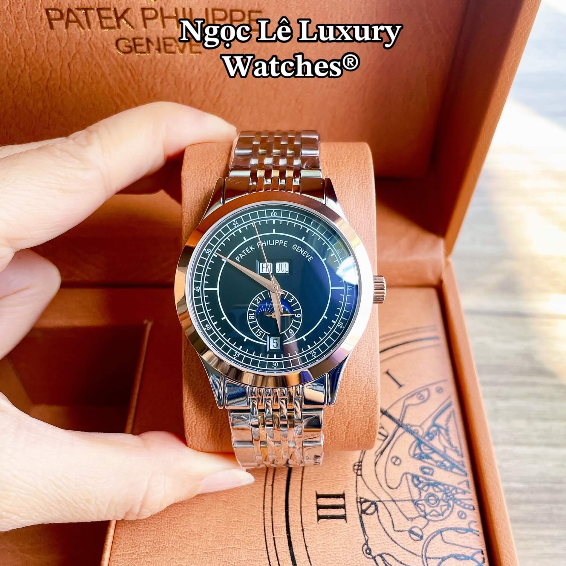 Đồng Hồ Nam Patek Philippe Complications Tự Động Dây Kim Loại Demi Vàng Hồng Mặt Đen Size 40mm