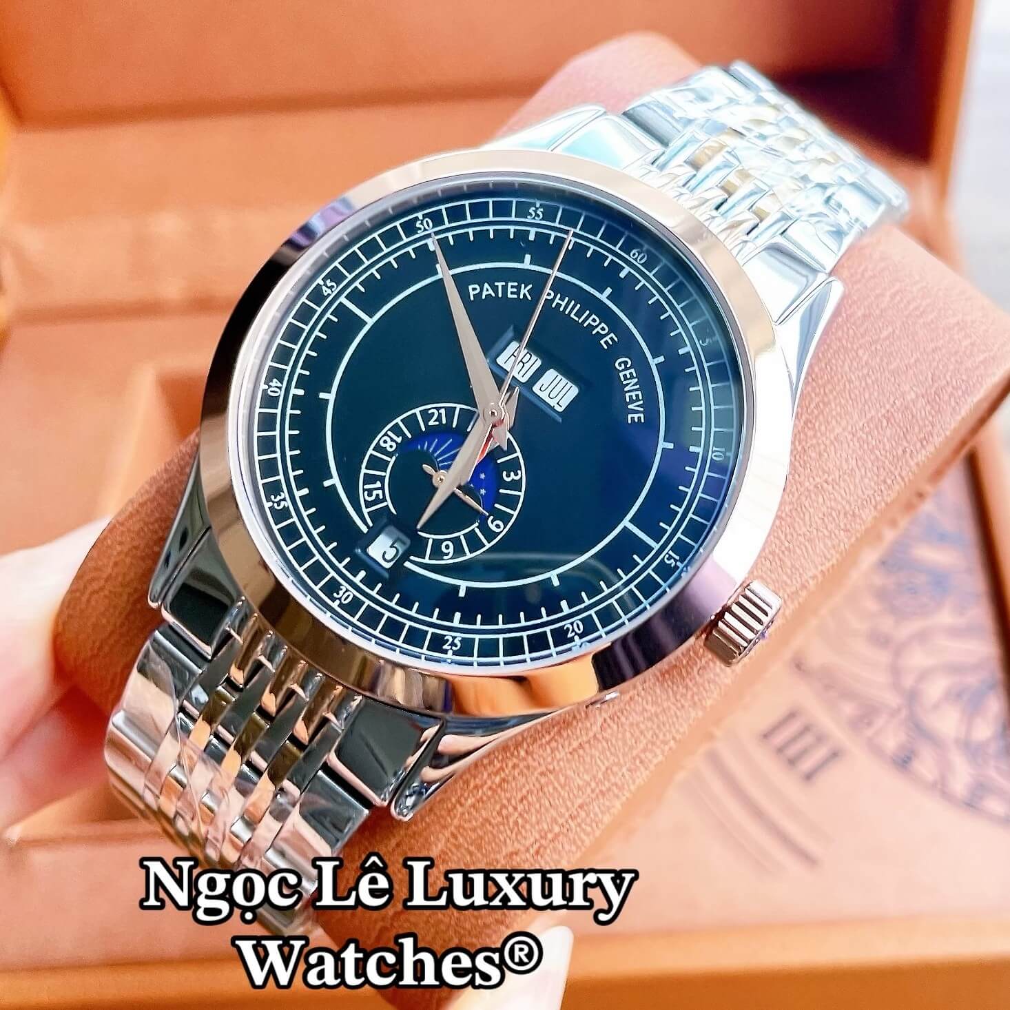 Đồng Hồ Nam Patek Philippe Complications Tự Động Dây Kim Loại Demi Vàng Hồng Mặt Đen Size 40mm