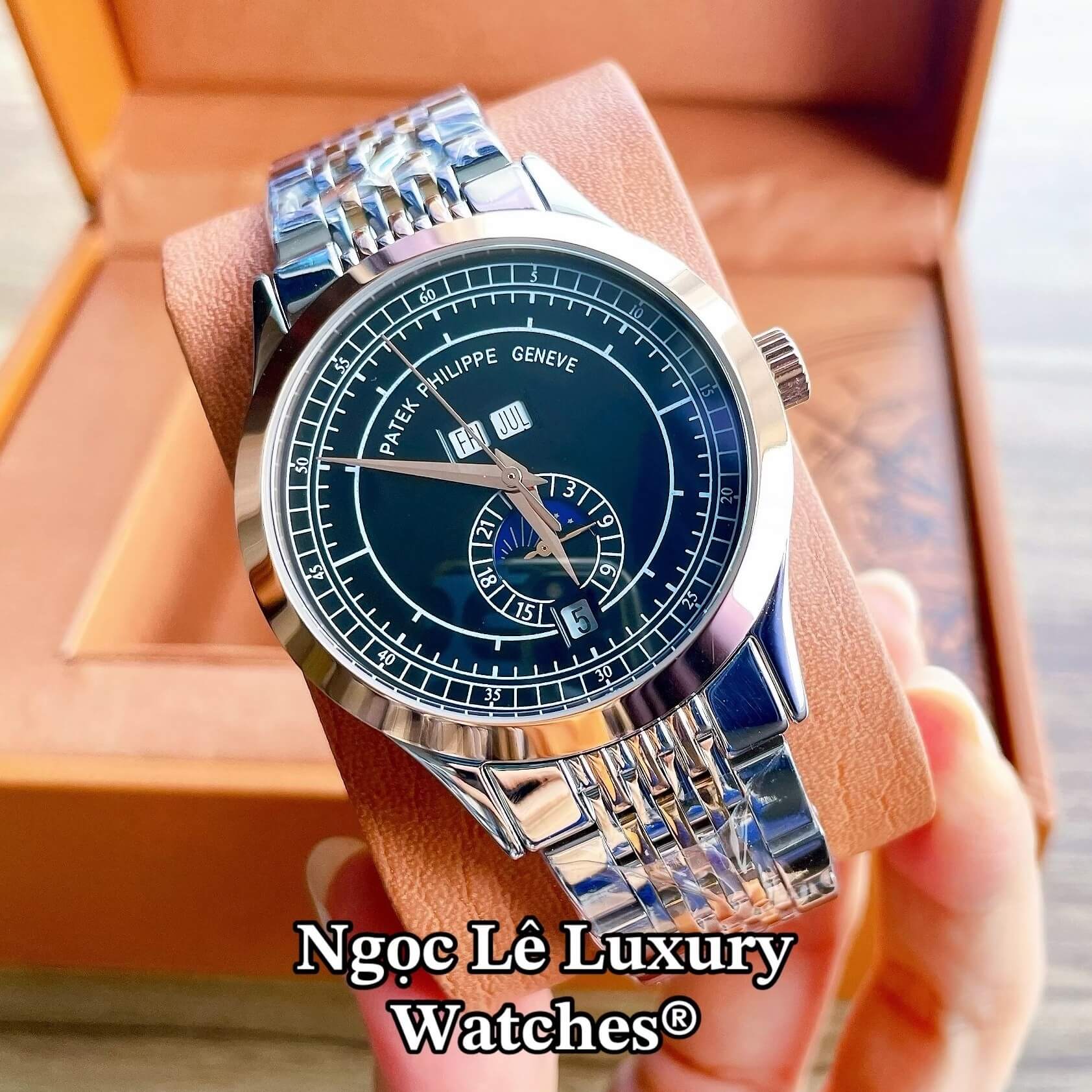 Đồng Hồ Nam Patek Philippe Complications Tự Động Dây Kim Loại Demi Vàng Hồng Mặt Đen Size 40mm