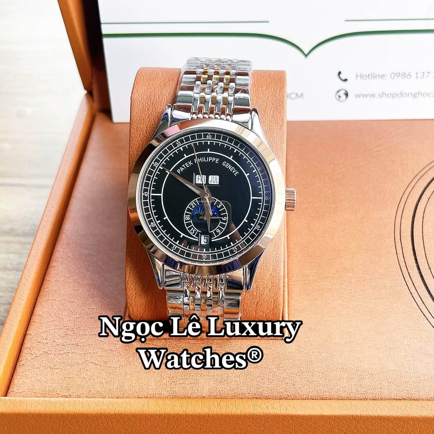 Đồng Hồ Nam Patek Philippe Complications Tự Động Dây Kim Loại Demi Vàng Hồng Mặt Đen Size 40mm