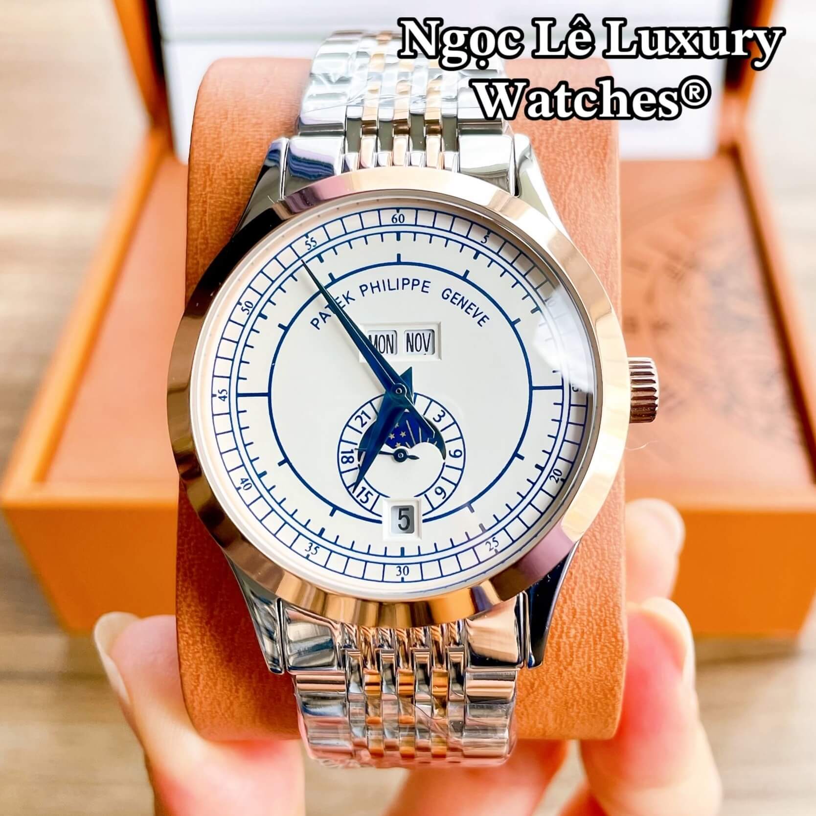 Đồng Hồ Nam Patek Philippe Complications Tự Động Dây Kim Loại Demi Vàng Hồng Mặt Trắng Size 40mm