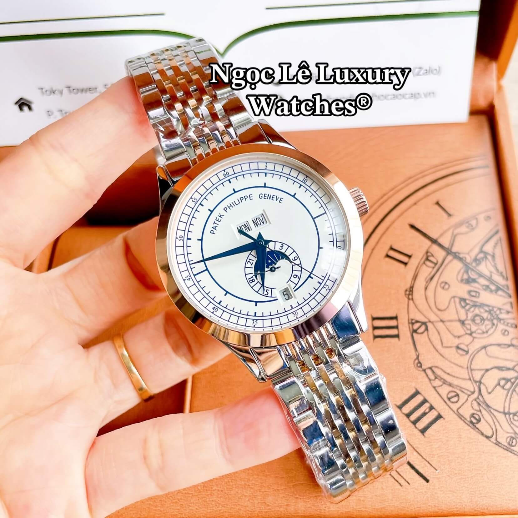 Đồng Hồ Nam Patek Philippe Complications Tự Động Dây Kim Loại Demi Vàng Hồng Mặt Trắng Size 40mm